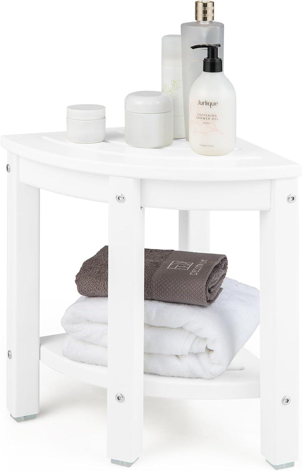 image:imageGiantex Corner Shower Stool Waterproof HDPE Shower Bench Seat with Storage Shelf for Shaving Legs NonSlip Foot Pads Plastic Spa Bath Step Foot Rest for Bathroom Small Place WhiteWhite