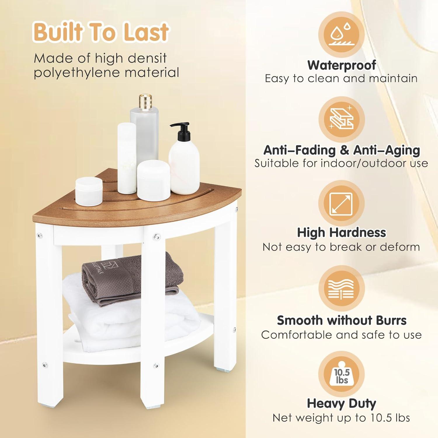 image:imageGiantex Corner Shower Stool Waterproof HDPE Shower Bench Seat with Storage Shelf for Shaving Legs NonSlip Foot Pads Plastic Spa Bath Step Foot Rest for Bathroom Small Place WhiteWhite Brown
