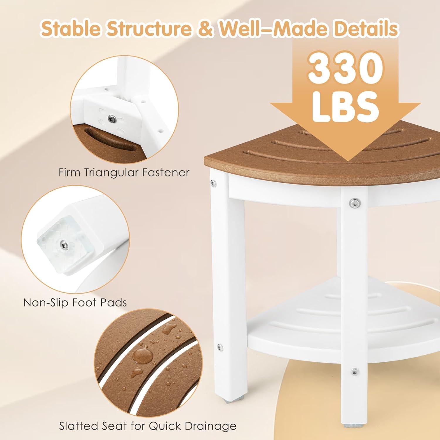image:imageGiantex Corner Shower Stool Waterproof HDPE Shower Bench Seat with Storage Shelf for Shaving Legs NonSlip Foot Pads Plastic Spa Bath Step Foot Rest for Bathroom Small Place WhiteWhite Brown