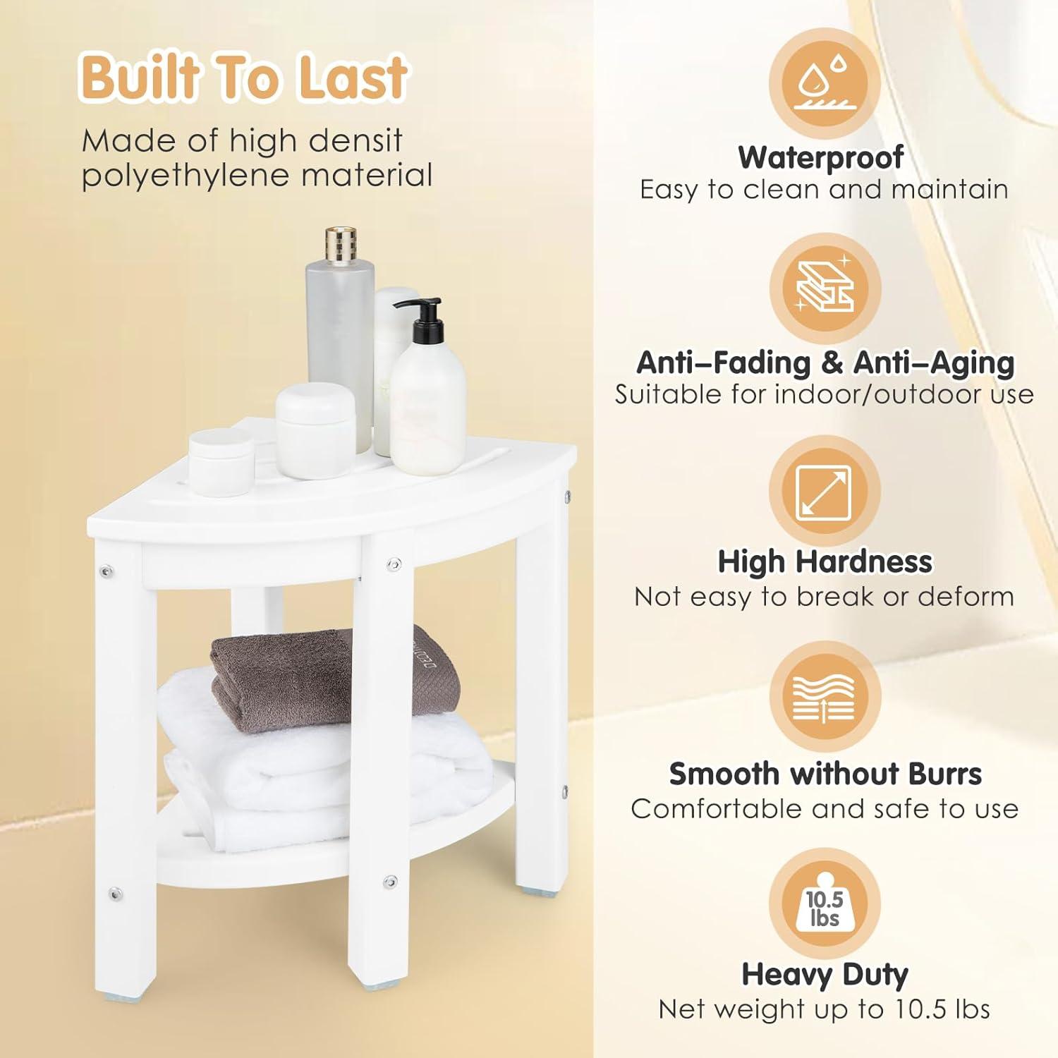 image:imageGiantex Corner Shower Stool Waterproof HDPE Shower Bench Seat with Storage Shelf for Shaving Legs NonSlip Foot Pads Plastic Spa Bath Step Foot Rest for Bathroom Small Place WhiteWhite