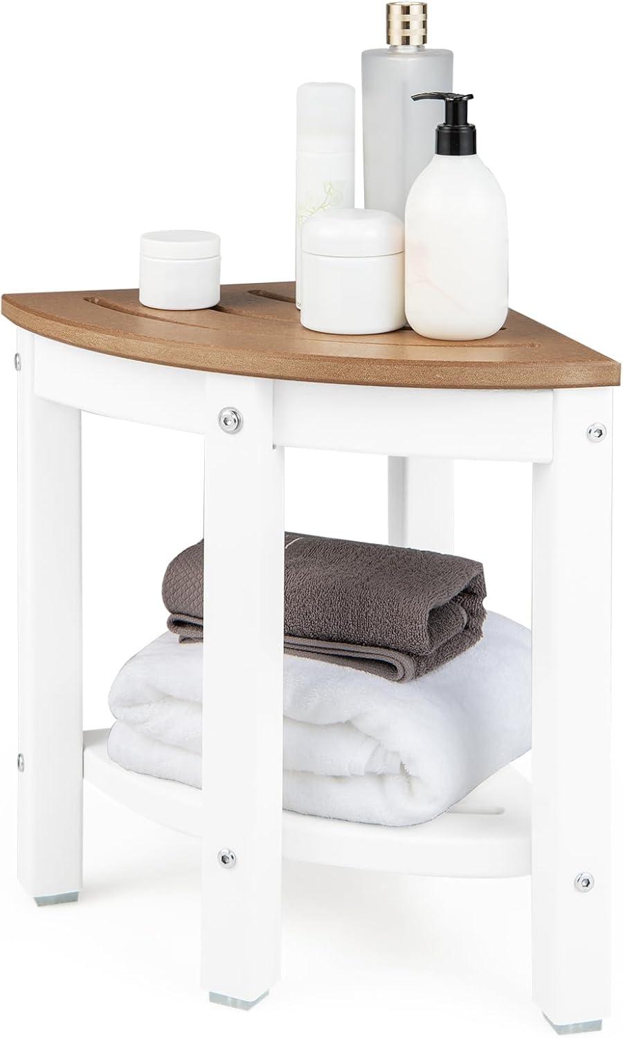 image:imageGiantex Corner Shower Stool Waterproof HDPE Shower Bench Seat with Storage Shelf for Shaving Legs NonSlip Foot Pads Plastic Spa Bath Step Foot Rest for Bathroom Small Place WhiteWhite Brown