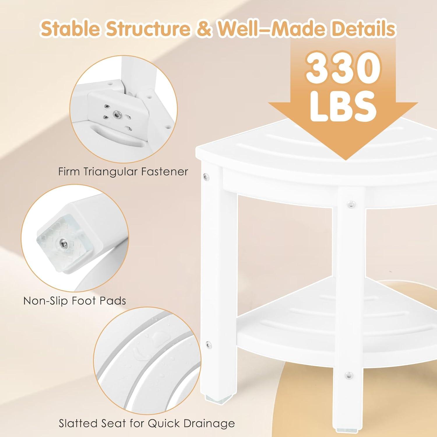 image:imageGiantex Corner Shower Stool Waterproof HDPE Shower Bench Seat with Storage Shelf for Shaving Legs NonSlip Foot Pads Plastic Spa Bath Step Foot Rest for Bathroom Small Place WhiteWhite