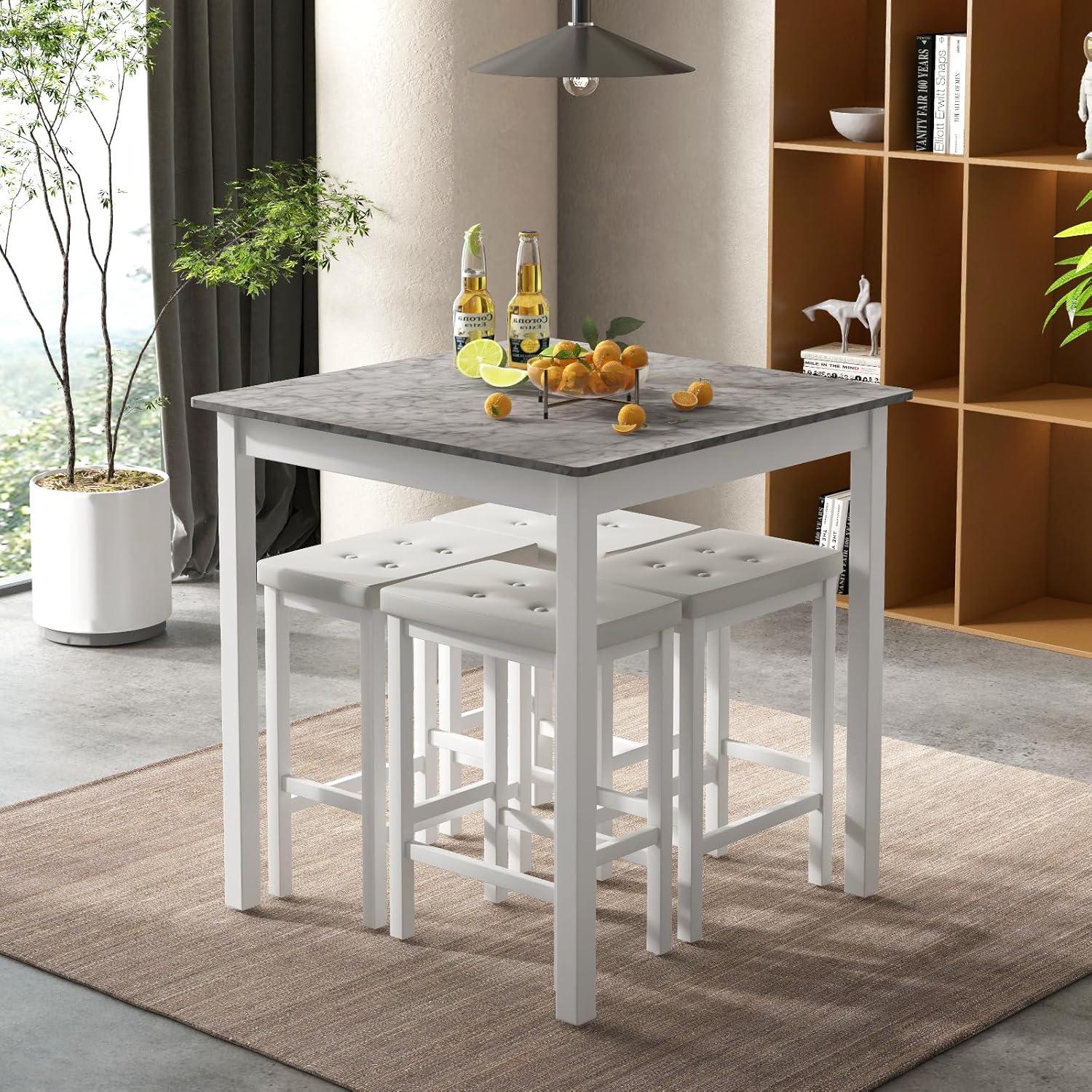 image:imageGiantex Dining Table Set for 4 Kitchen Table Chairs Set of 4 Counter Height Dining Table Set with 4 Bar Stools SpaceSaving Dinette Table Set for Small Place Breakfast Nook Table Set BrownWhite