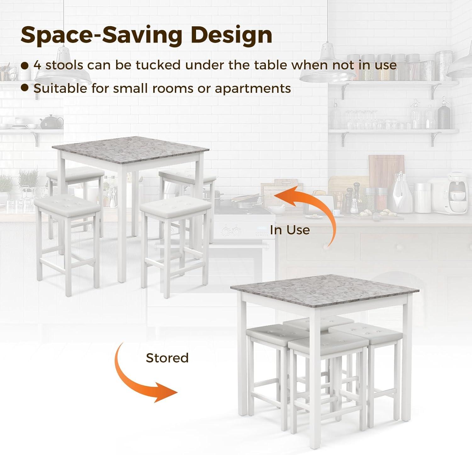 image:imageGiantex Dining Table Set for 4 Kitchen Table Chairs Set of 4 Counter Height Dining Table Set with 4 Bar Stools SpaceSaving Dinette Table Set for Small Place Breakfast Nook Table Set BrownWhite