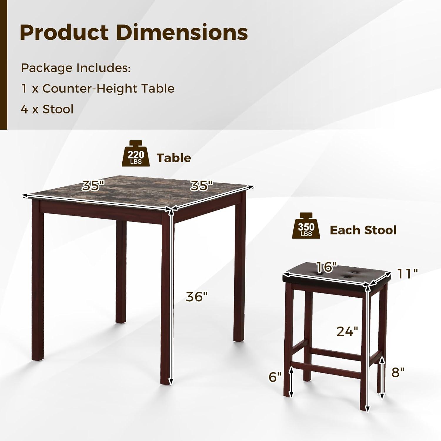 image:imageGiantex Dining Table Set for 4 Kitchen Table Chairs Set of 4 Counter Height Dining Table Set with 4 Bar Stools SpaceSaving Dinette Table Set for Small Place Breakfast Nook Table Set BrownBrown