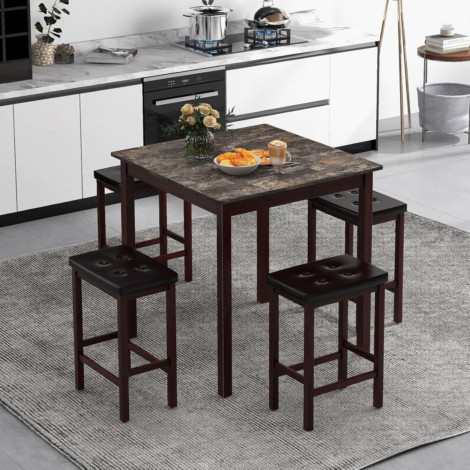 image:imageGiantex Dining Table Set for 4 Kitchen Table Chairs Set of 4 Counter Height Dining Table Set with 4 Bar Stools SpaceSaving Dinette Table Set for Small Place Breakfast Nook Table Set BrownBrown