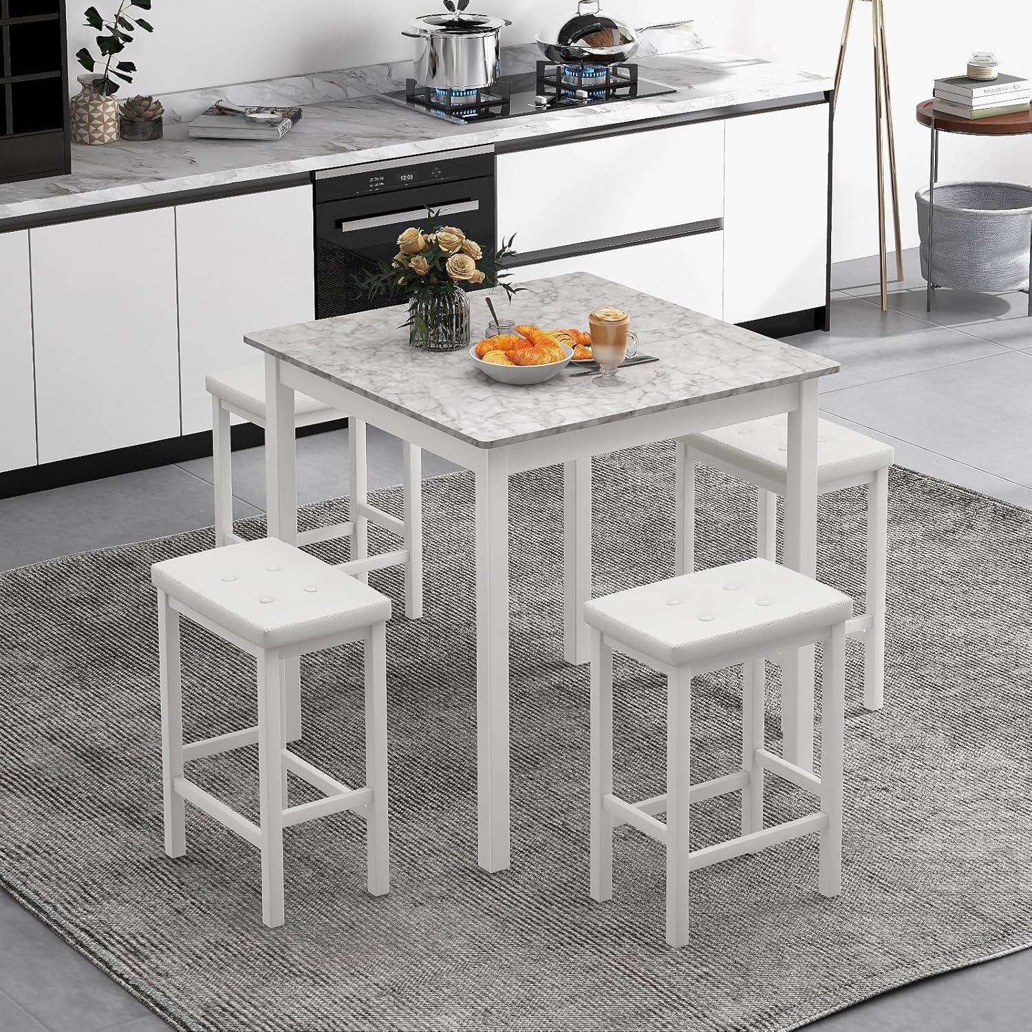 image:imageGiantex Dining Table Set for 4 Kitchen Table Chairs Set of 4 Counter Height Dining Table Set with 4 Bar Stools SpaceSaving Dinette Table Set for Small Place Breakfast Nook Table Set BrownWhite