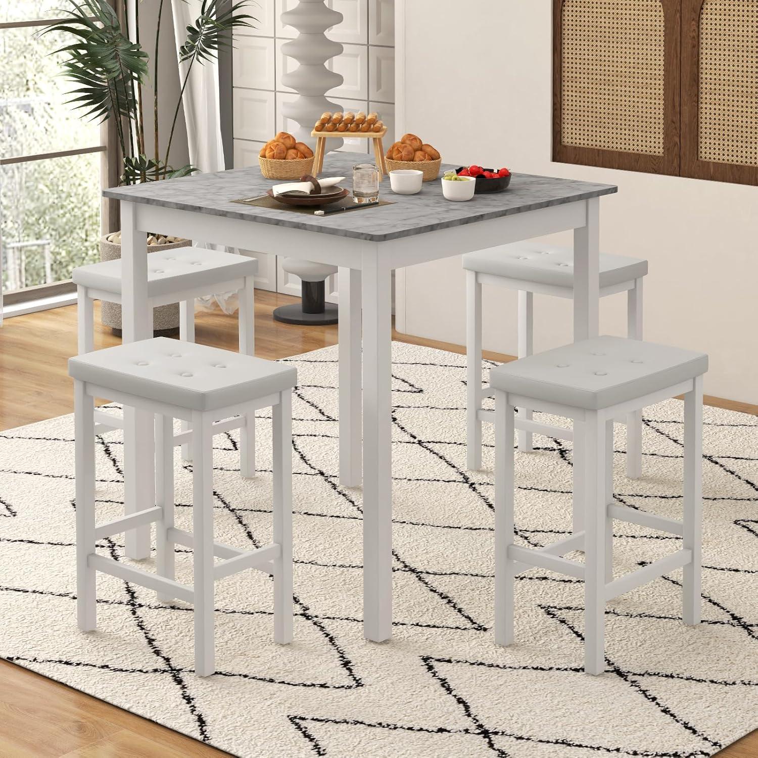 image:imageGiantex Dining Table Set for 4 Kitchen Table Chairs Set of 4 Counter Height Dining Table Set with 4 Bar Stools SpaceSaving Dinette Table Set for Small Place Breakfast Nook Table Set BrownWhite