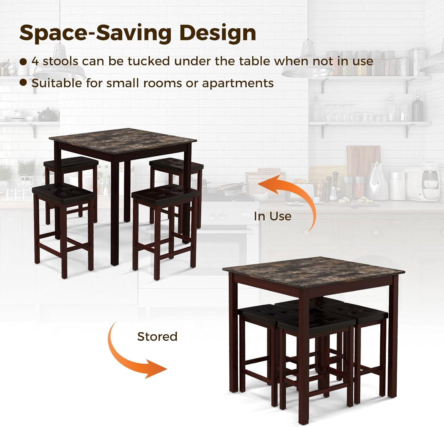 image:imageGiantex Dining Table Set for 4 Kitchen Table Chairs Set of 4 Counter Height Dining Table Set with 4 Bar Stools SpaceSaving Dinette Table Set for Small Place Breakfast Nook Table Set BrownBrown