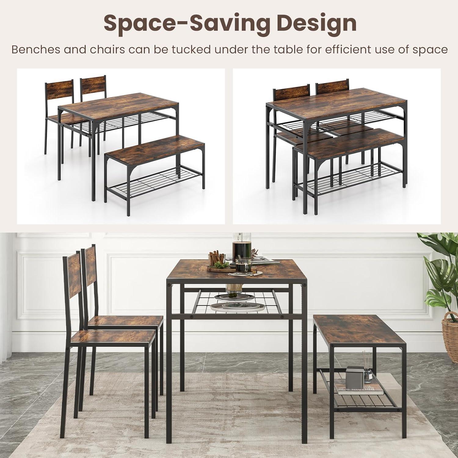 image:imageGiantex Dining Table Set for 4 Kitchen Table with Bench and Chairs Industrial Gathering Bench Dining Set WMetal Frame amp Storage Rack Dinette Set Modern Functional Desk Set Black OakRustic Brown