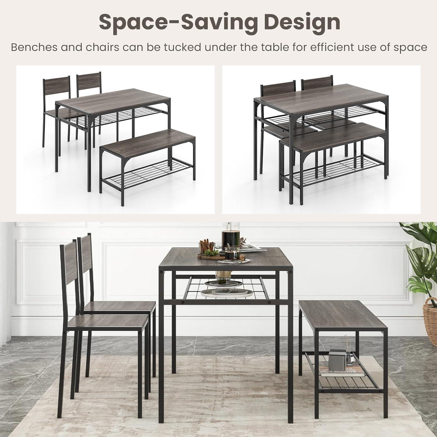 image:imageGiantex Dining Table Set for 4 Kitchen Table with Bench and Chairs Industrial Gathering Bench Dining Set WMetal Frame amp Storage Rack Dinette Set Modern Functional Desk Set Black OakGrey