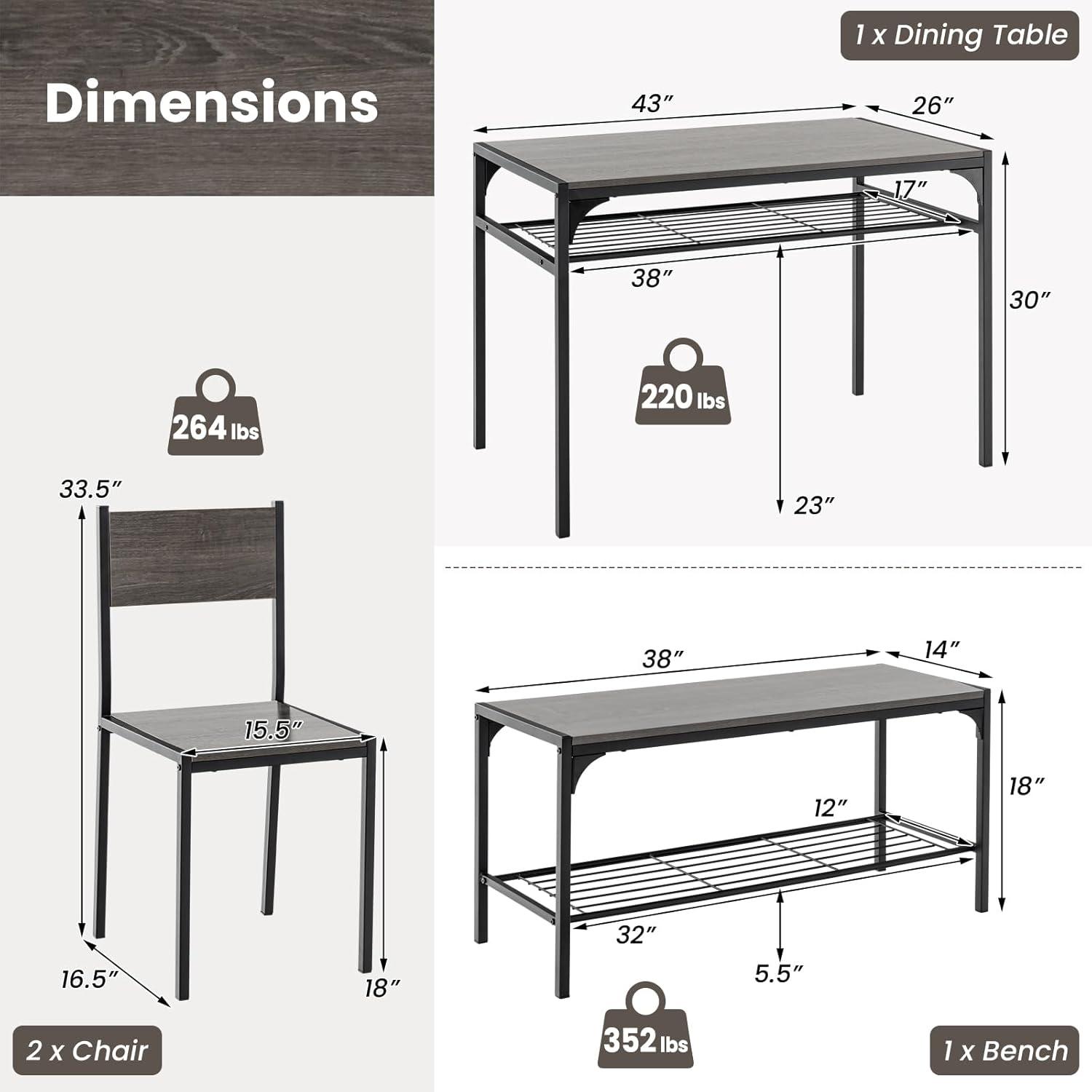 image:imageGiantex Dining Table Set for 4 Kitchen Table with Bench and Chairs Industrial Gathering Bench Dining Set WMetal Frame amp Storage Rack Dinette Set Modern Functional Desk Set Black OakGrey