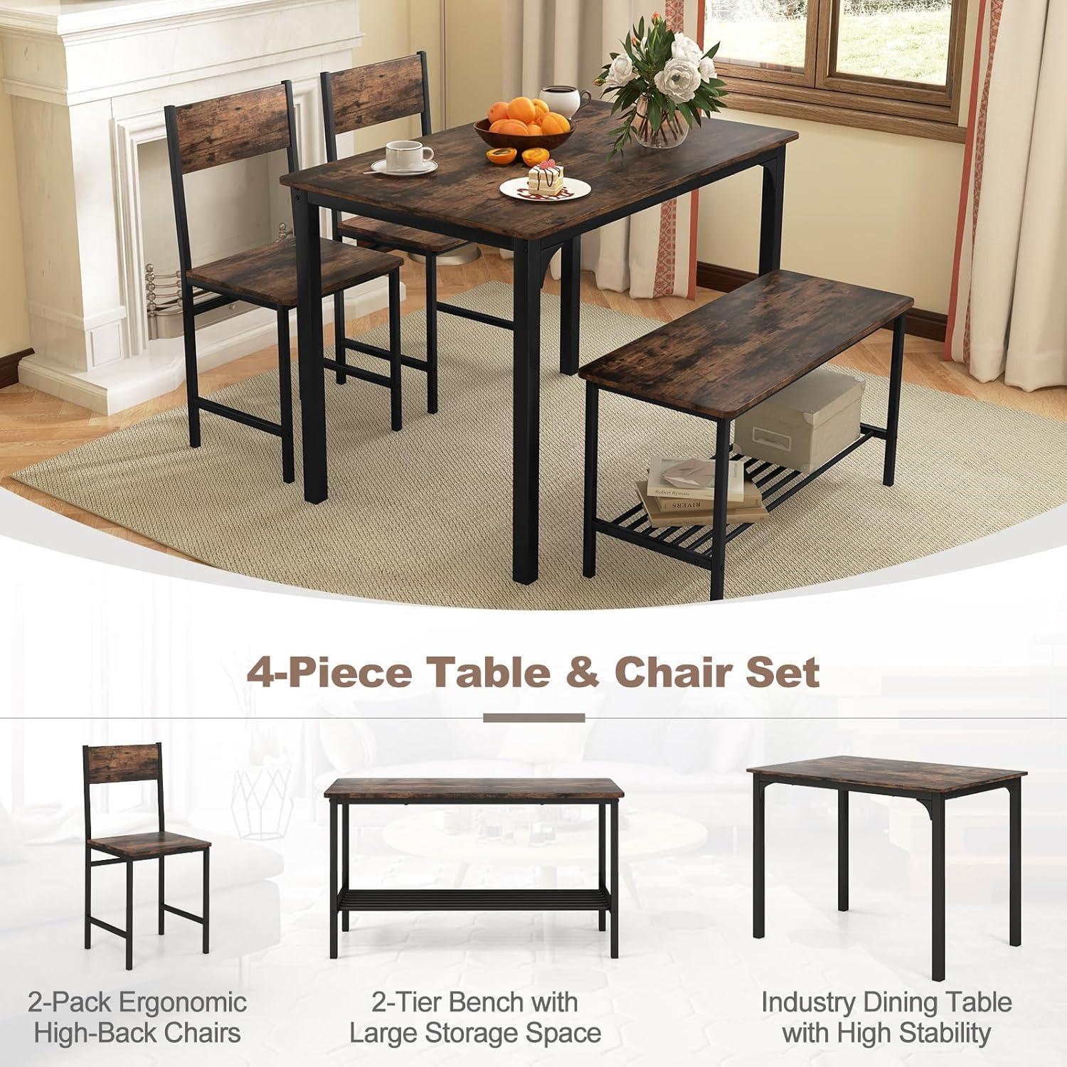 image:imageGiantex Dining Table Set for 4 Kitchen Table with Bench and Chairs Industrial Gathering Bench Dining Set WMetal Frame amp Storage Rack Dinette Set Modern Functional Desk Set Black OakCoffee