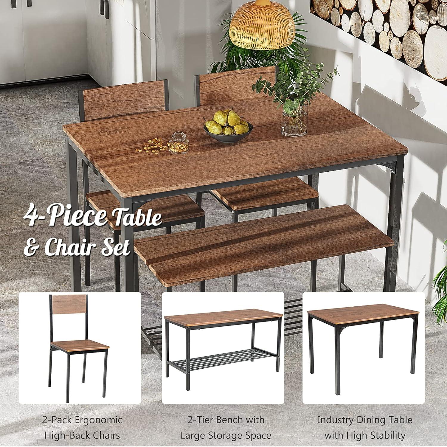 image:imageGiantex Dining Table Set for 4 Kitchen Table with Bench and Chairs Industrial Gathering Bench Dining Set WMetal Frame amp Storage Rack Dinette Set Modern Functional Desk Set Black OakBrown