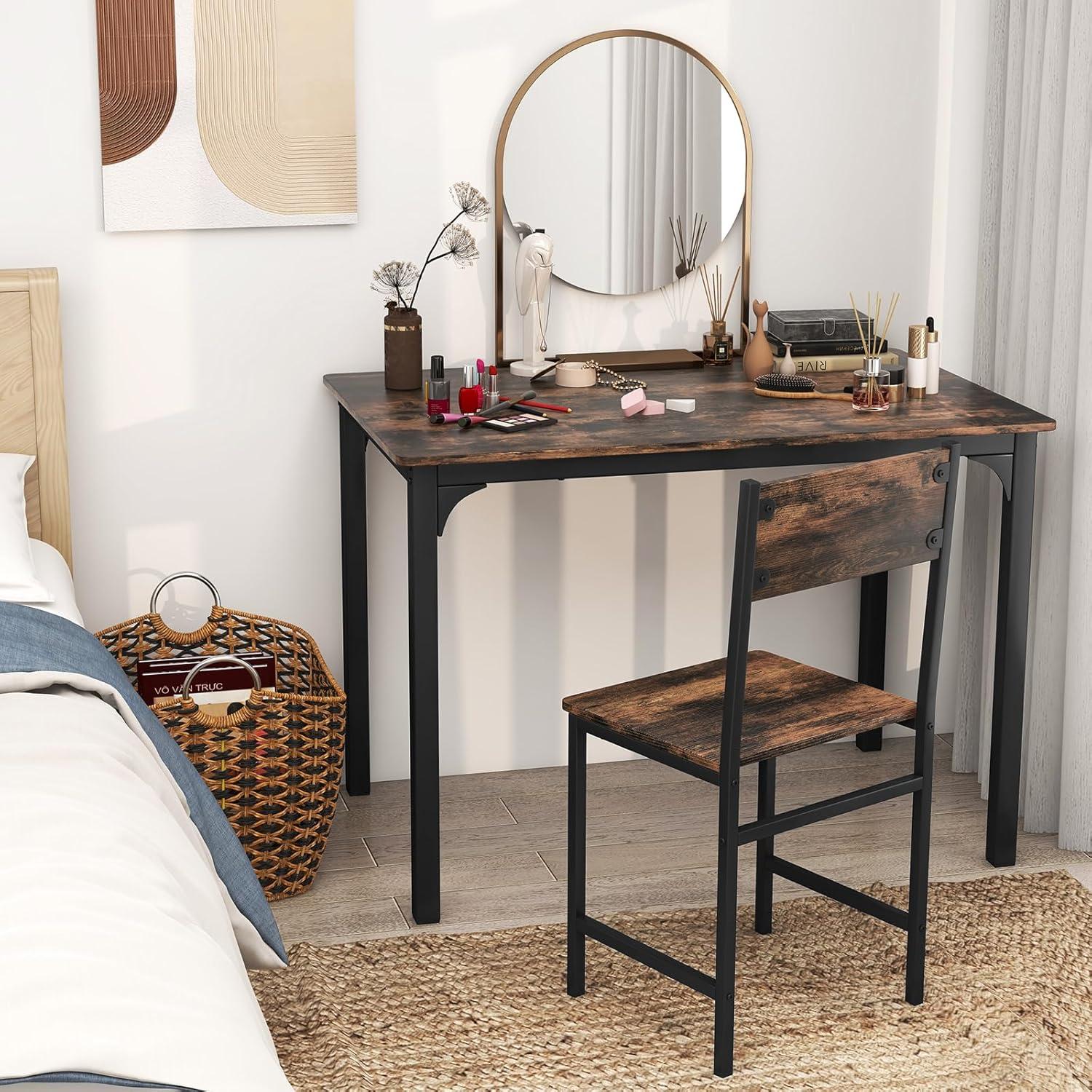 image:imageGiantex Dining Table Set for 4 Kitchen Table with Bench and Chairs Industrial Gathering Bench Dining Set WMetal Frame amp Storage Rack Dinette Set Modern Functional Desk Set Black OakCoffee