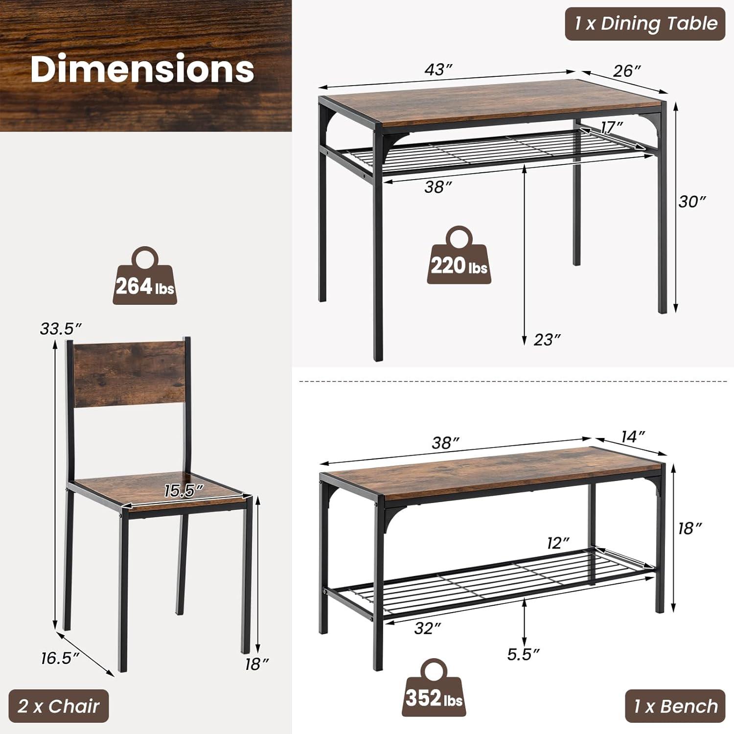 image:imageGiantex Dining Table Set for 4 Kitchen Table with Bench and Chairs Industrial Gathering Bench Dining Set WMetal Frame amp Storage Rack Dinette Set Modern Functional Desk Set Black OakRustic Brown