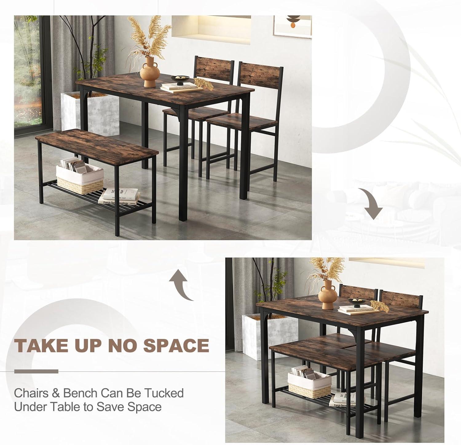 image:imageGiantex Dining Table Set for 4 Kitchen Table with Bench and Chairs Industrial Gathering Bench Dining Set WMetal Frame amp Storage Rack Dinette Set Modern Functional Desk Set Black OakCoffee