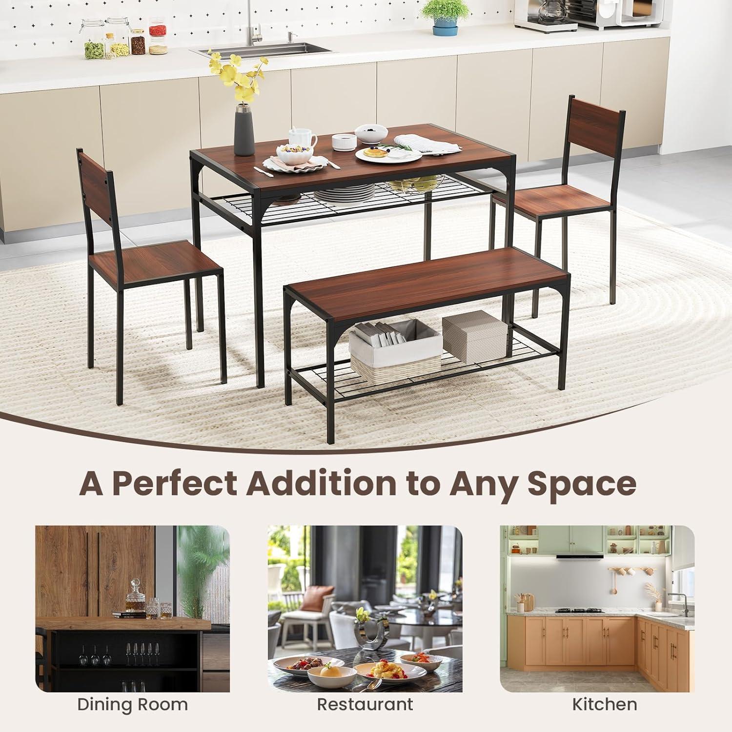 image:imageGiantex Dining Table Set for 4 Kitchen Table with Bench and Chairs Industrial Gathering Bench Dining Set WMetal Frame amp Storage Rack Dinette Set Modern Functional Desk Set Black OakWalnut