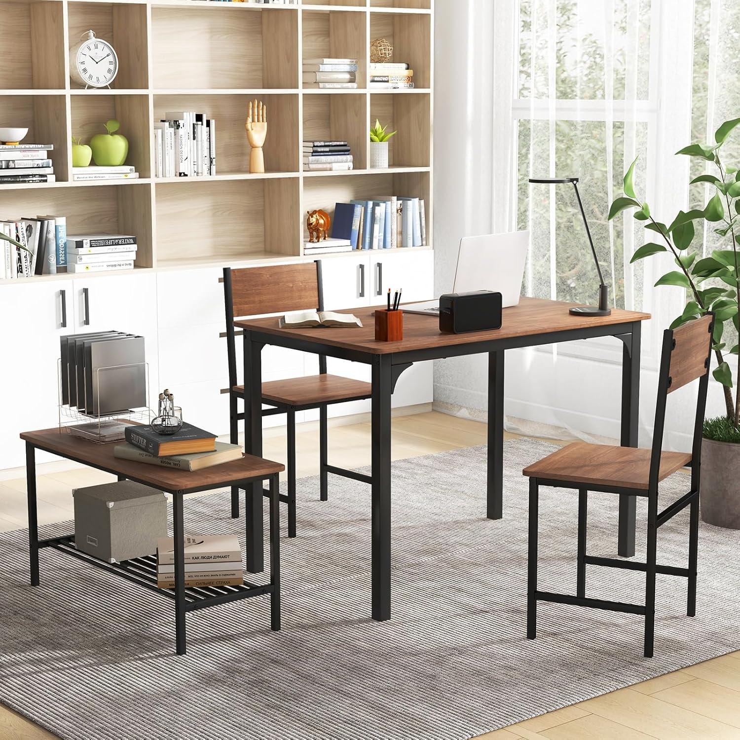 image:imageGiantex Dining Table Set for 4 Kitchen Table with Bench and Chairs Industrial Gathering Bench Dining Set WMetal Frame amp Storage Rack Dinette Set Modern Functional Desk Set Black OakBrown