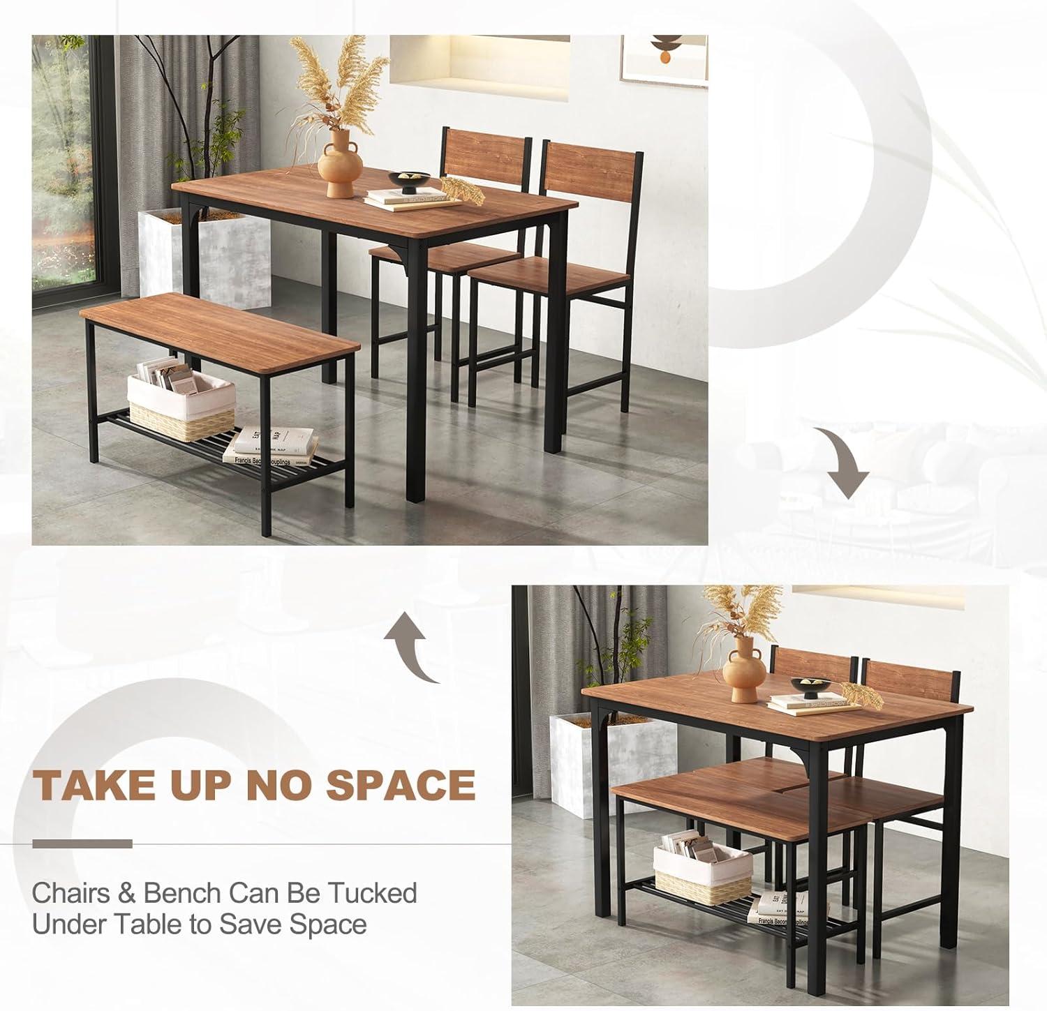 image:imageGiantex Dining Table Set for 4 Kitchen Table with Bench and Chairs Industrial Gathering Bench Dining Set WMetal Frame amp Storage Rack Dinette Set Modern Functional Desk Set Black OakBrown