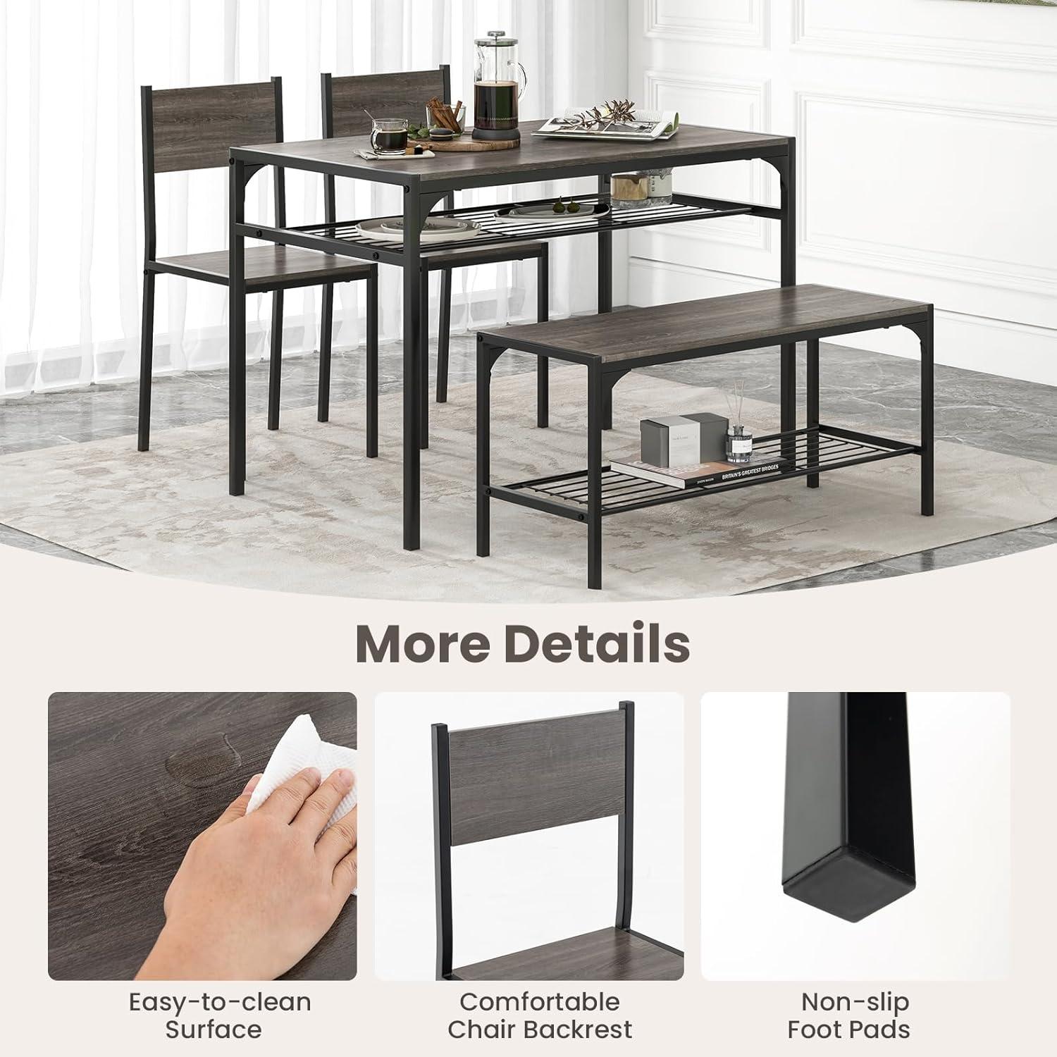image:imageGiantex Dining Table Set for 4 Kitchen Table with Bench and Chairs Industrial Gathering Bench Dining Set WMetal Frame amp Storage Rack Dinette Set Modern Functional Desk Set Black OakGrey
