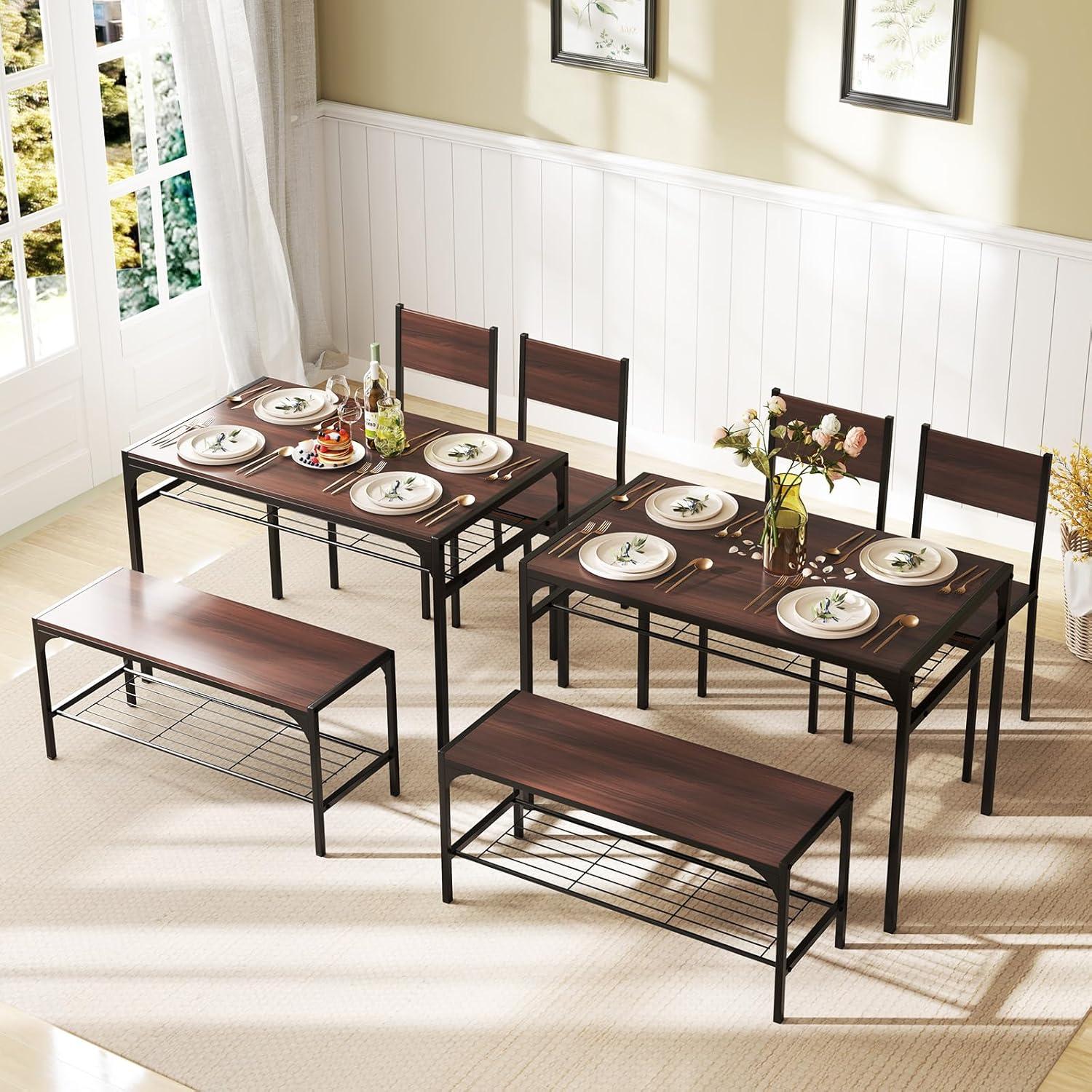 image:imageGiantex Dining Table Set for 4 Kitchen Table with Bench and Chairs Industrial Gathering Bench Dining Set WMetal Frame amp Storage Rack Dinette Set Modern Functional Desk Set Black OakWalnut