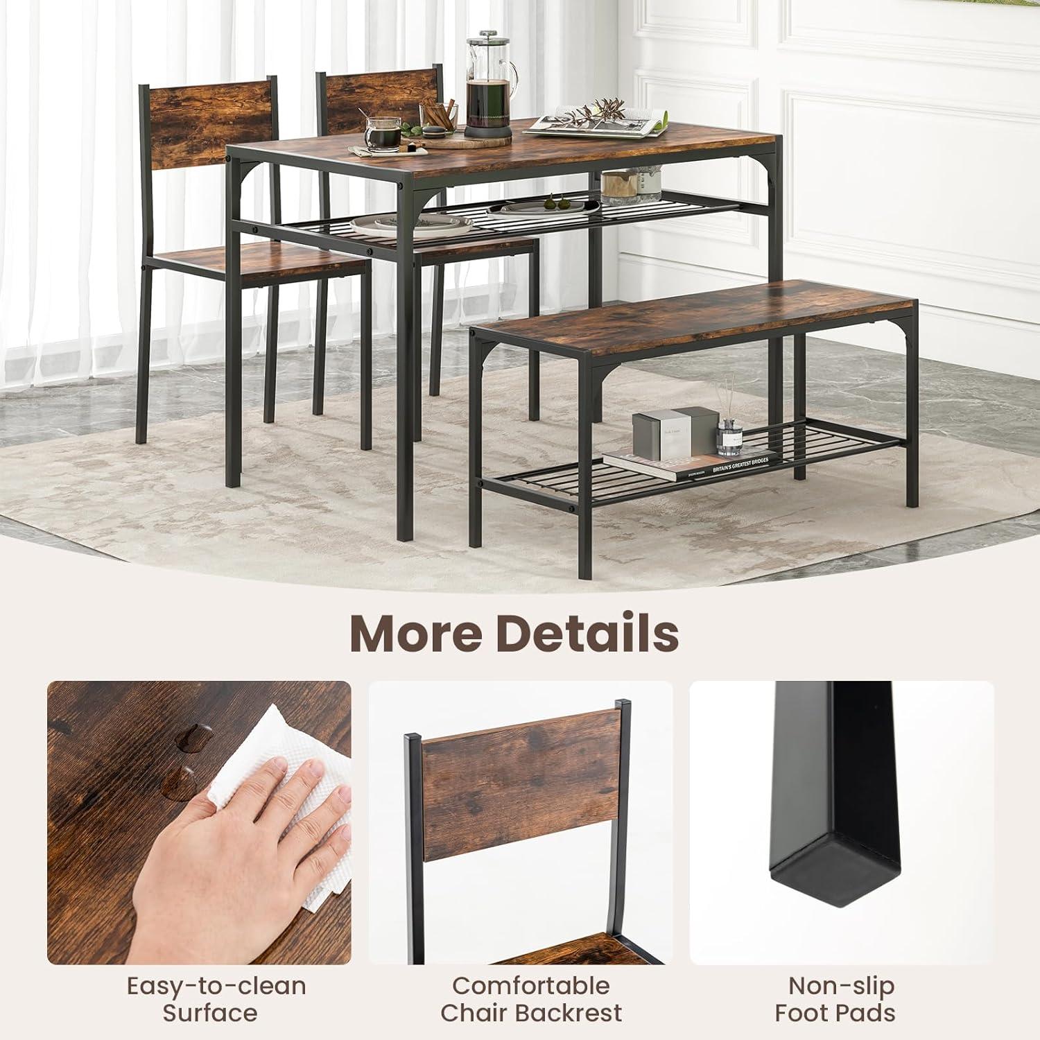 image:imageGiantex Dining Table Set for 4 Kitchen Table with Bench and Chairs Industrial Gathering Bench Dining Set WMetal Frame amp Storage Rack Dinette Set Modern Functional Desk Set Black OakRustic Brown