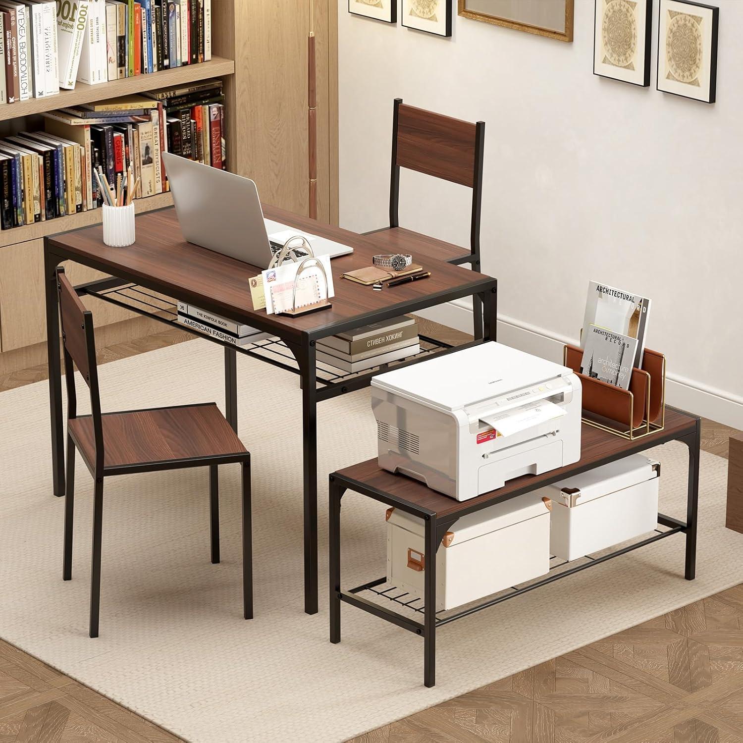 image:imageGiantex Dining Table Set for 4 Kitchen Table with Bench and Chairs Industrial Gathering Bench Dining Set WMetal Frame amp Storage Rack Dinette Set Modern Functional Desk Set Black OakWalnut
