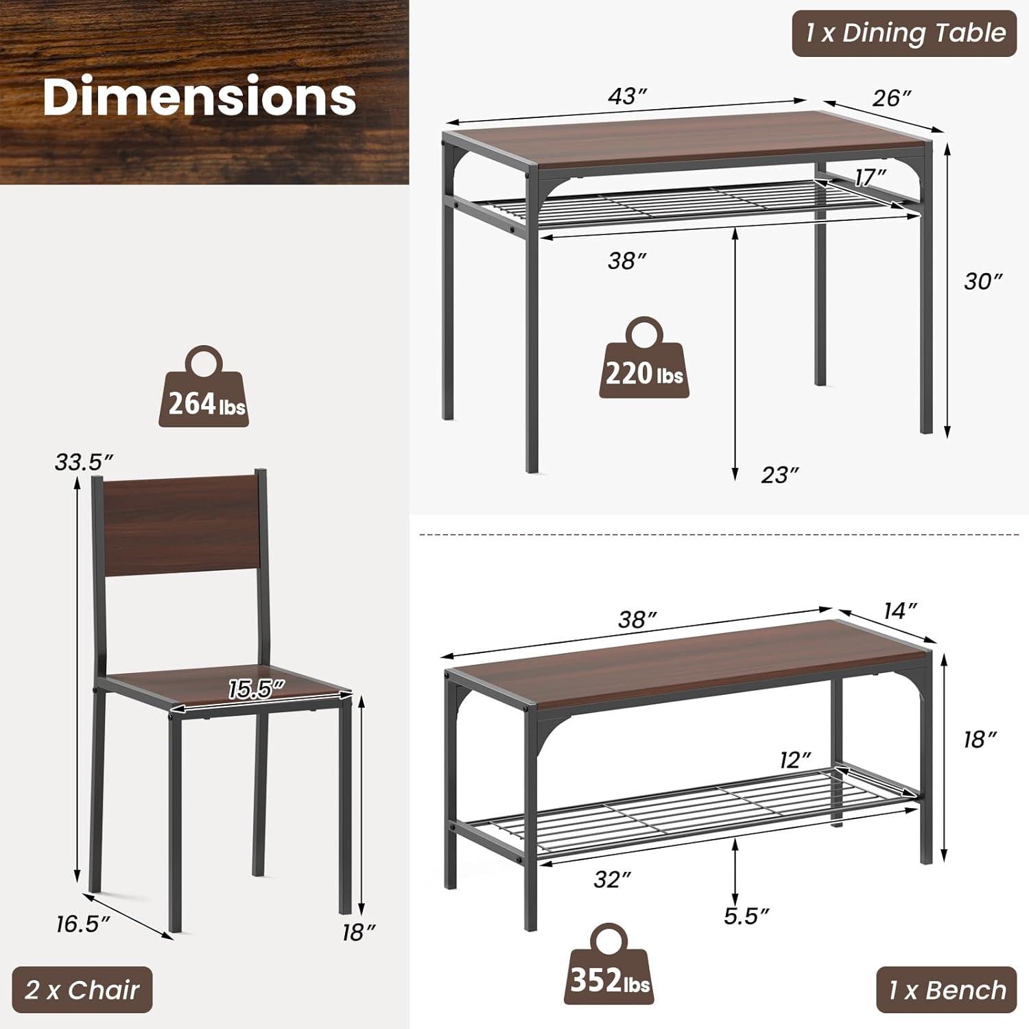 image:imageGiantex Dining Table Set for 4 Kitchen Table with Bench and Chairs Industrial Gathering Bench Dining Set WMetal Frame amp Storage Rack Dinette Set Modern Functional Desk Set Black OakWalnut