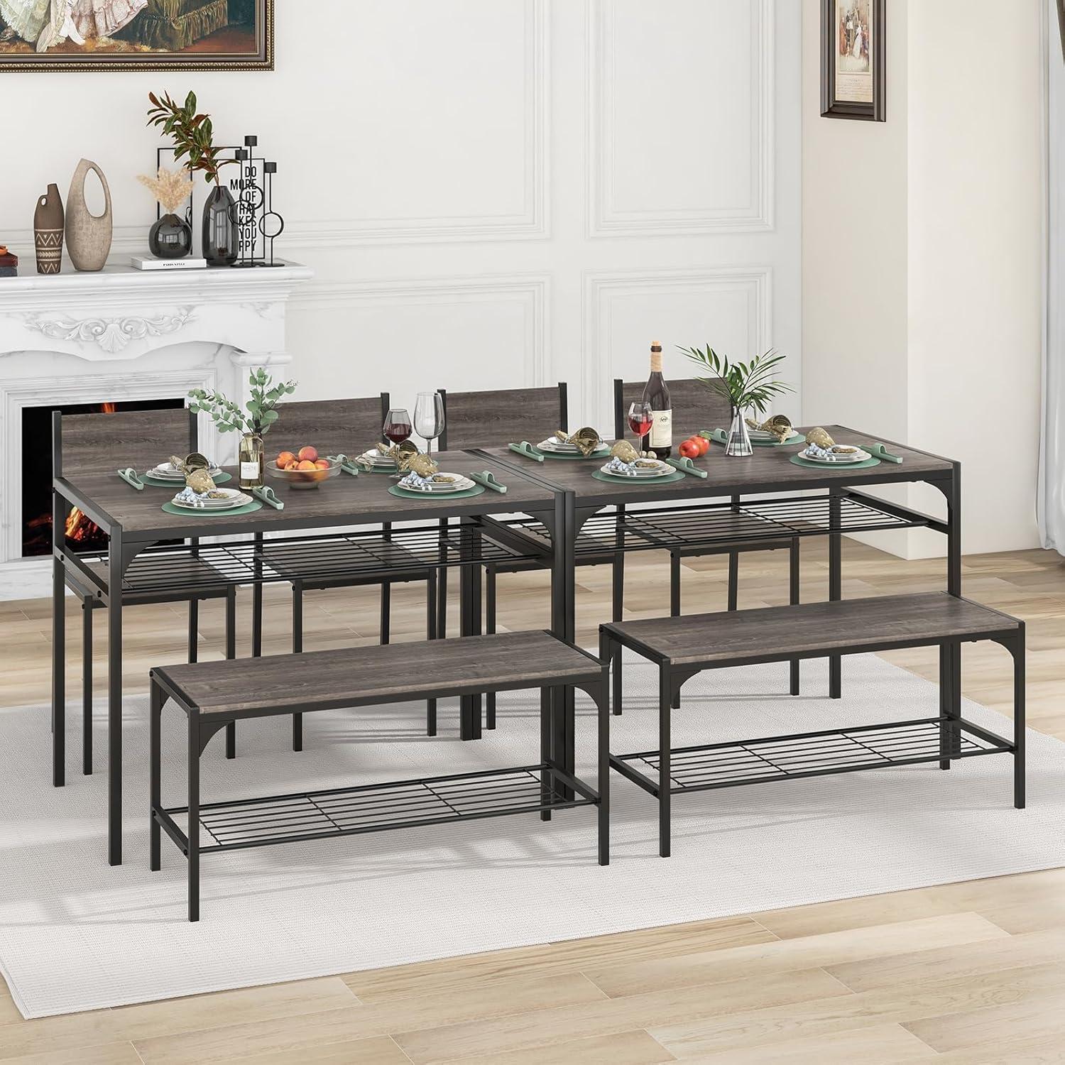 image:imageGiantex Dining Table Set for 4 Kitchen Table with Bench and Chairs Industrial Gathering Bench Dining Set WMetal Frame amp Storage Rack Dinette Set Modern Functional Desk Set Black OakGrey