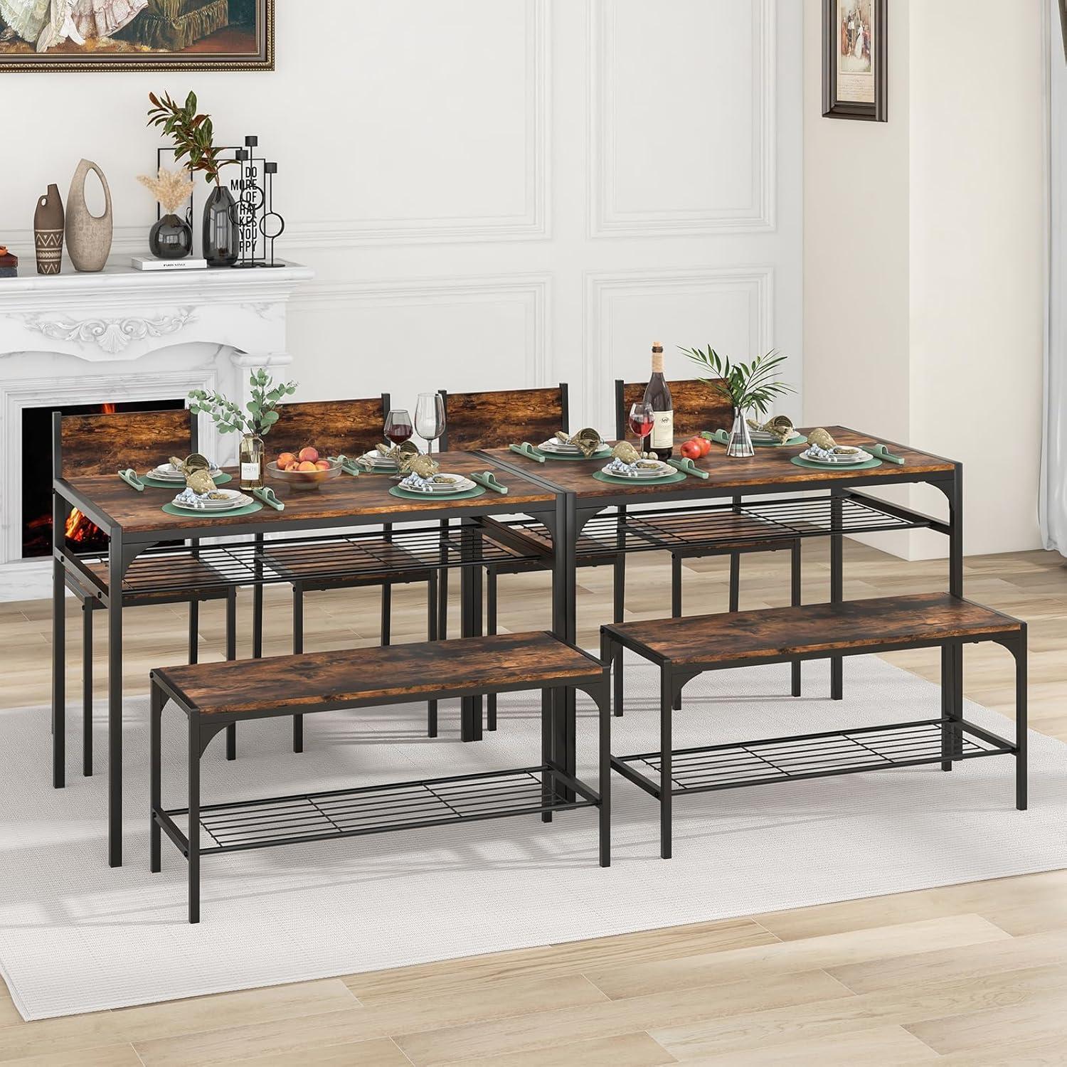 image:imageGiantex Dining Table Set for 4 Kitchen Table with Bench and Chairs Industrial Gathering Bench Dining Set WMetal Frame amp Storage Rack Dinette Set Modern Functional Desk Set Black OakRustic Brown