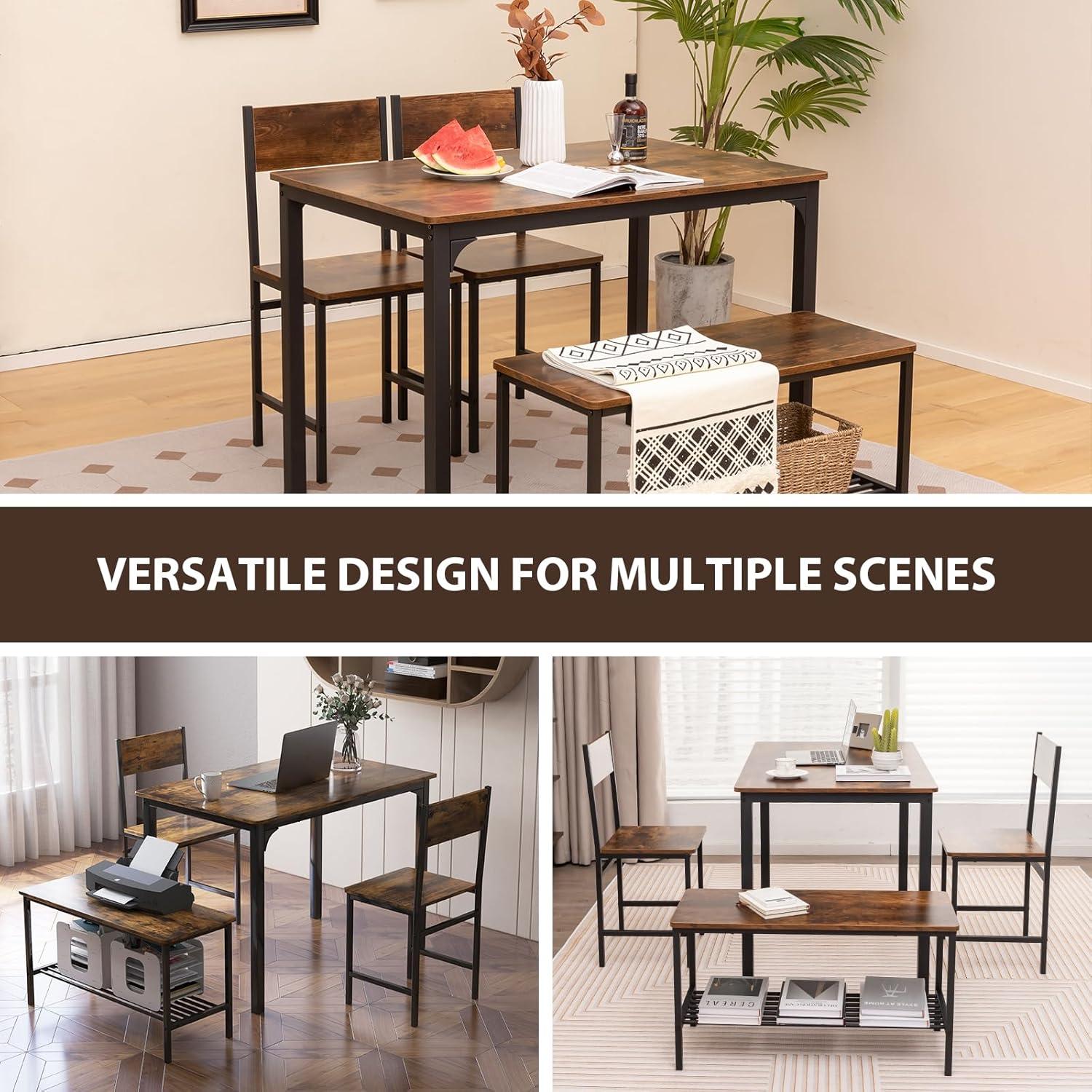 image:imageGiantex Dining Table Set for 4 Kitchen Table with Bench and Chairs Industrial Gathering Bench Dining Set WMetal Frame amp Storage Rack Dinette Set Modern Functional Desk Set Black OakCoffee