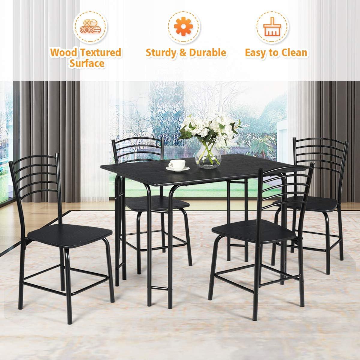 image:imageGiantex Dining Table Set with 4 Chairs 5Piece Wood Kitchen Table for 4 Person Rectangular Table with Metal Frame Black