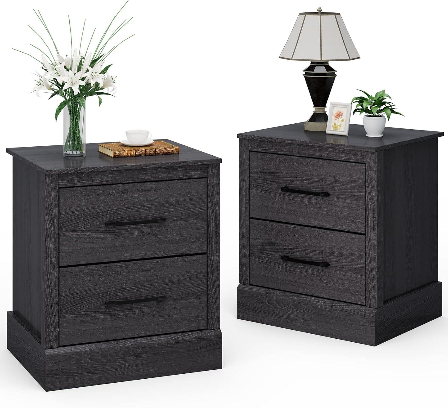 image:imageGiantex Farmhouse Nightstand Set of 2 Wood Bedside Table with 2 Storage Drawers Compact Floor Night Stand Walnut Accent Sofa Side Table for BedroomGrey Oak