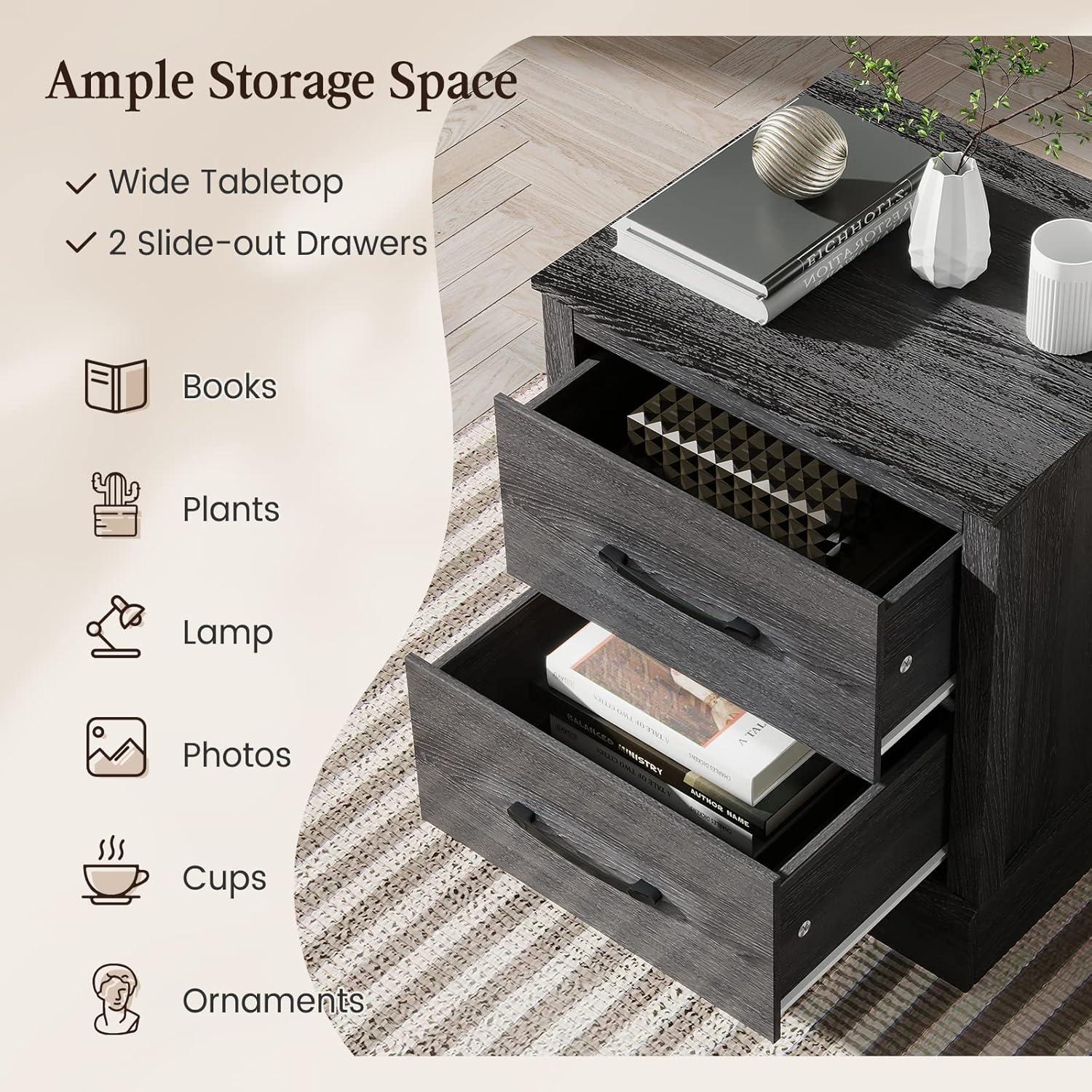 image:imageGiantex Farmhouse Nightstand Set of 2 Wood Bedside Table with 2 Storage Drawers Compact Floor Night Stand Walnut Accent Sofa Side Table for BedroomGrey Oak