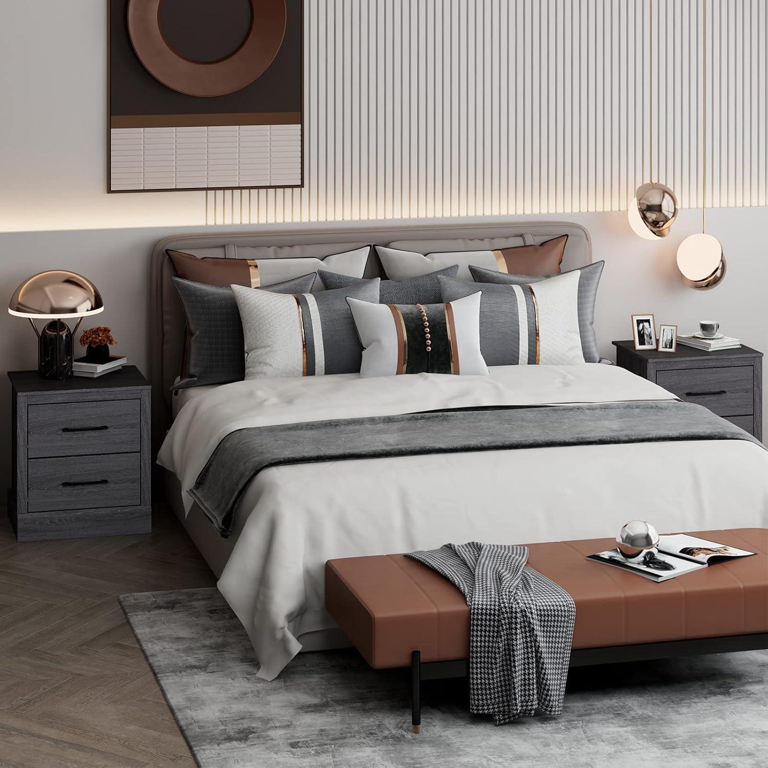 image:imageGiantex Farmhouse Nightstand Set of 2 Wood Bedside Table with 2 Storage Drawers Compact Floor Night Stand Walnut Accent Sofa Side Table for BedroomGrey Oak