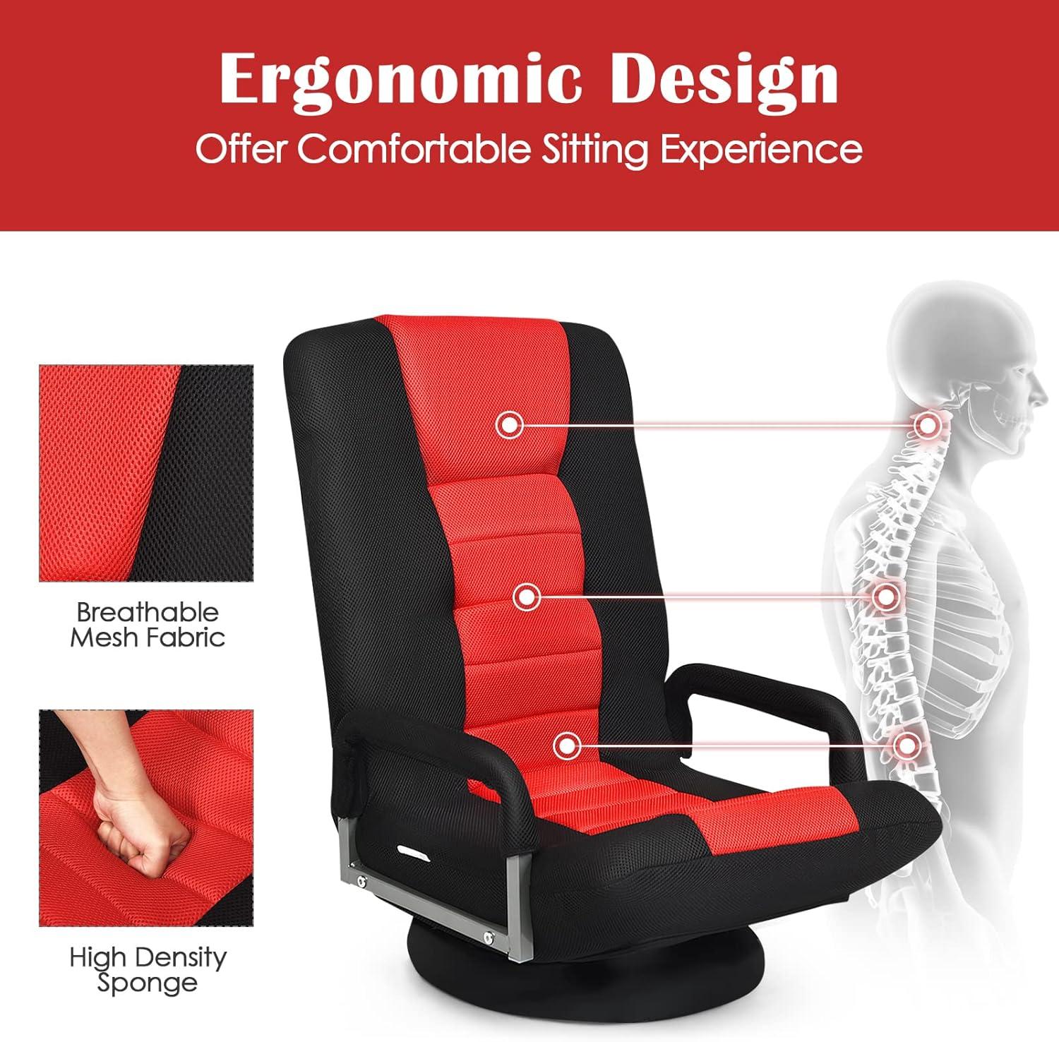 image:imageGiantex Floor Gaming Chair 360 Degree Swivel Floor Chair with Armrests 6 Adjustable Position Padded Backrest Folding Floor Chair Rocker for Games Lazy Sofa Lounger Gaming Chair Floor BlackGrayRed Black