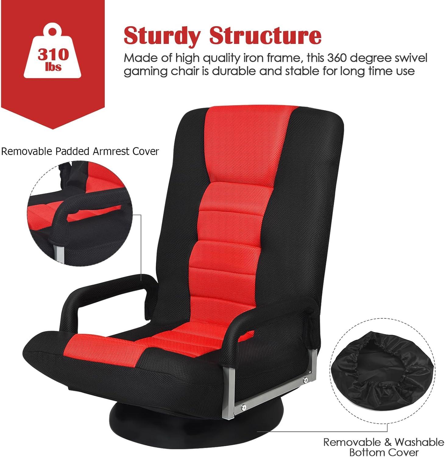 image:imageGiantex Floor Gaming Chair 360 Degree Swivel Floor Chair with Armrests 6 Adjustable Position Padded Backrest Folding Floor Chair Rocker for Games Lazy Sofa Lounger Gaming Chair Floor BlackGrayRed Black