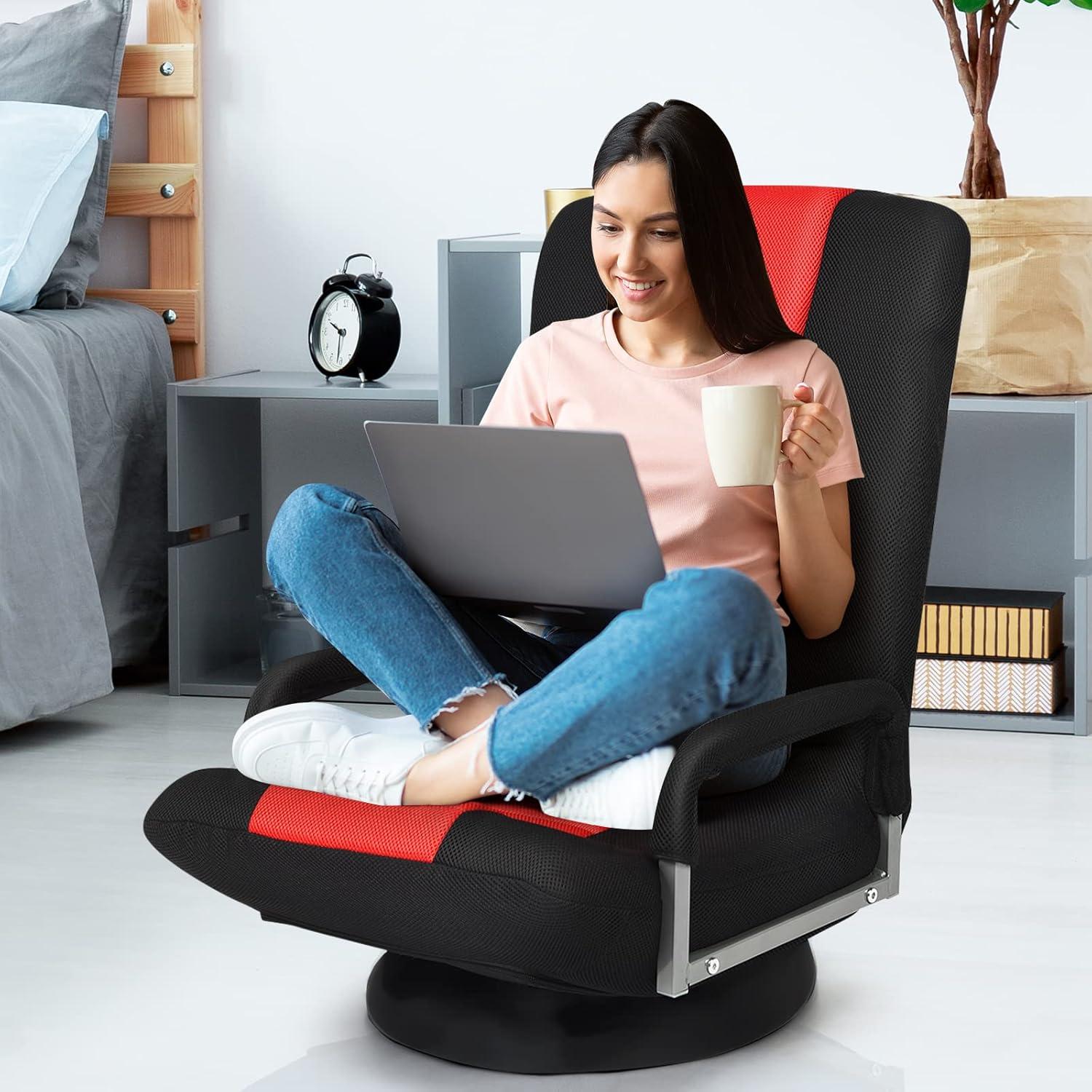 image:imageGiantex Floor Gaming Chair 360 Degree Swivel Floor Chair with Armrests 6 Adjustable Position Padded Backrest Folding Floor Chair Rocker for Games Lazy Sofa Lounger Gaming Chair Floor BlackGrayRed Black