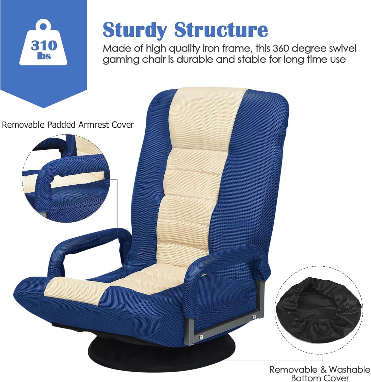 image:imageGiantex Floor Gaming Chair 360 Degree Swivel Floor Chair with Armrests 6 Adjustable Position Padded Backrest Folding Floor Chair Rocker for Games Lazy Sofa Lounger Gaming Chair Floor BlackGrayBlueBeige