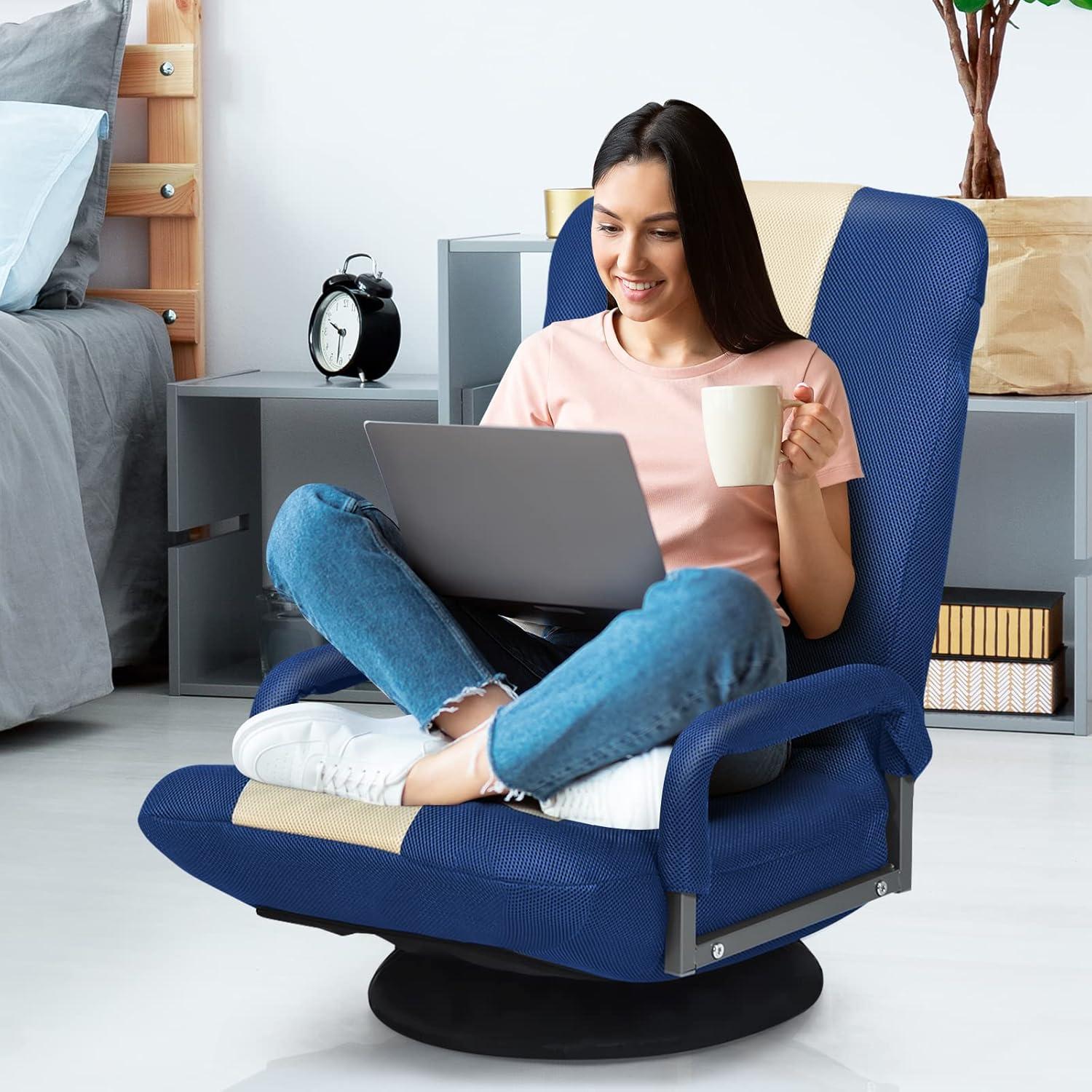 image:imageGiantex Floor Gaming Chair 360 Degree Swivel Floor Chair with Armrests 6 Adjustable Position Padded Backrest Folding Floor Chair Rocker for Games Lazy Sofa Lounger Gaming Chair Floor BlackGrayBlueBeige