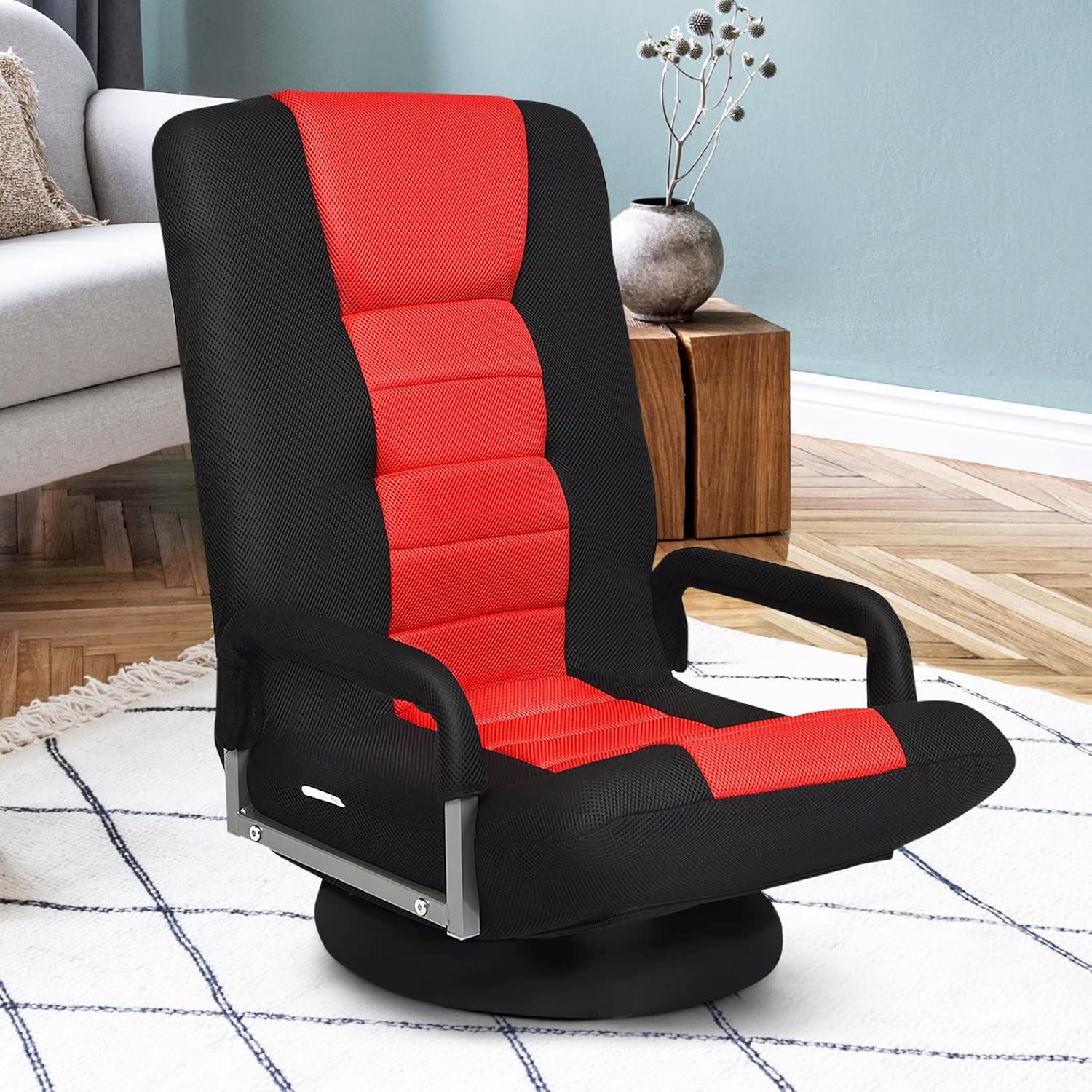 image:imageGiantex Floor Gaming Chair 360 Degree Swivel Floor Chair with Armrests 6 Adjustable Position Padded Backrest Folding Floor Chair Rocker for Games Lazy Sofa Lounger Gaming Chair Floor BlackGrayRed Black