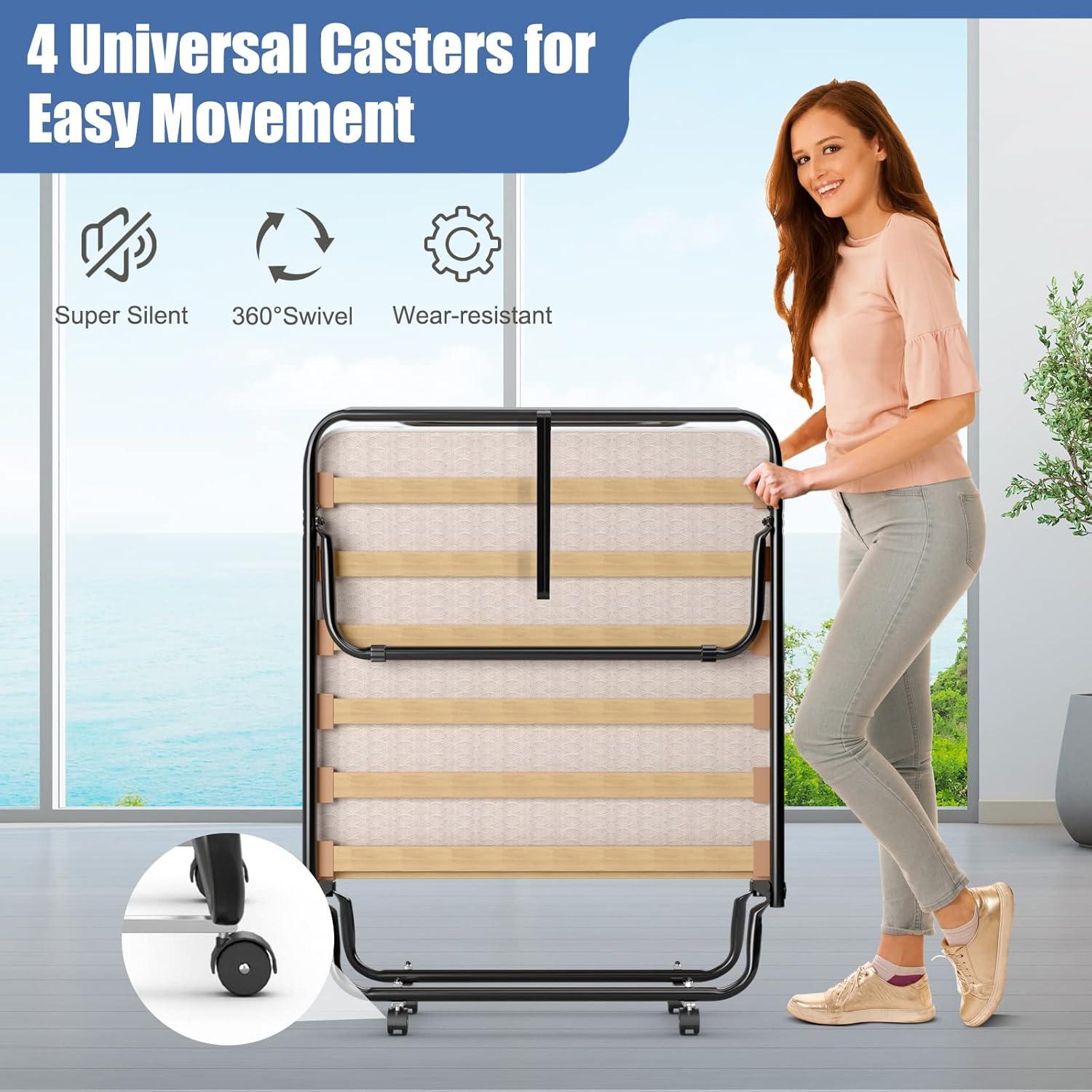 image:imageGiantex Folding Bed with Mattress Rollaway Guest Bed w 4 Inch Memory Foam Mattress Sturdy Metal Frame Portable Bed Cot Size Easy to Store Foldable Beds for Adults Made in ItalyBeige