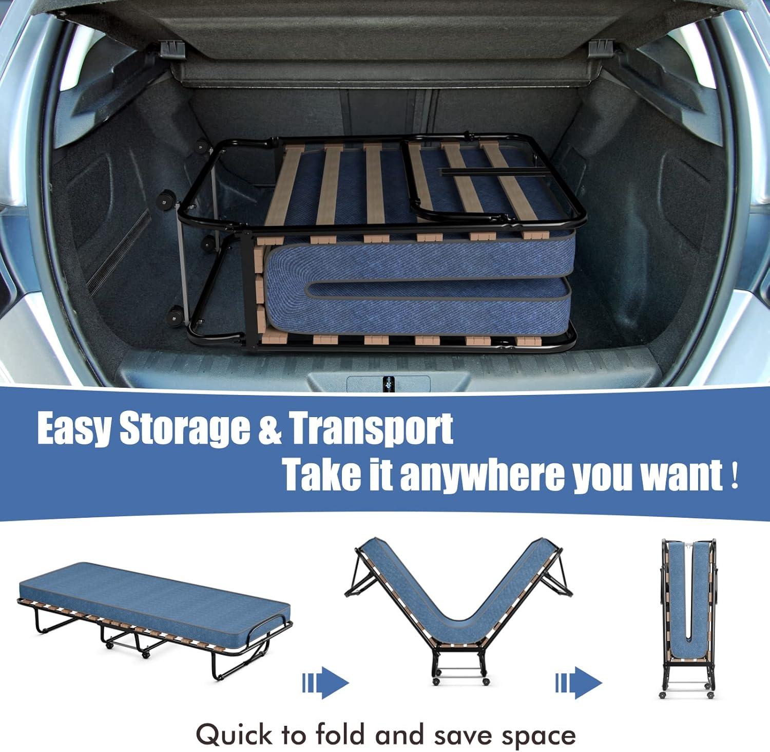 image:imageGiantex Folding Bed with Mattress Rollaway Guest Bed w 4 Inch Memory Foam Mattress Sturdy Metal Frame Portable Bed Cot Size Easy to Store Foldable Beds for Adults Made in ItalyBlue