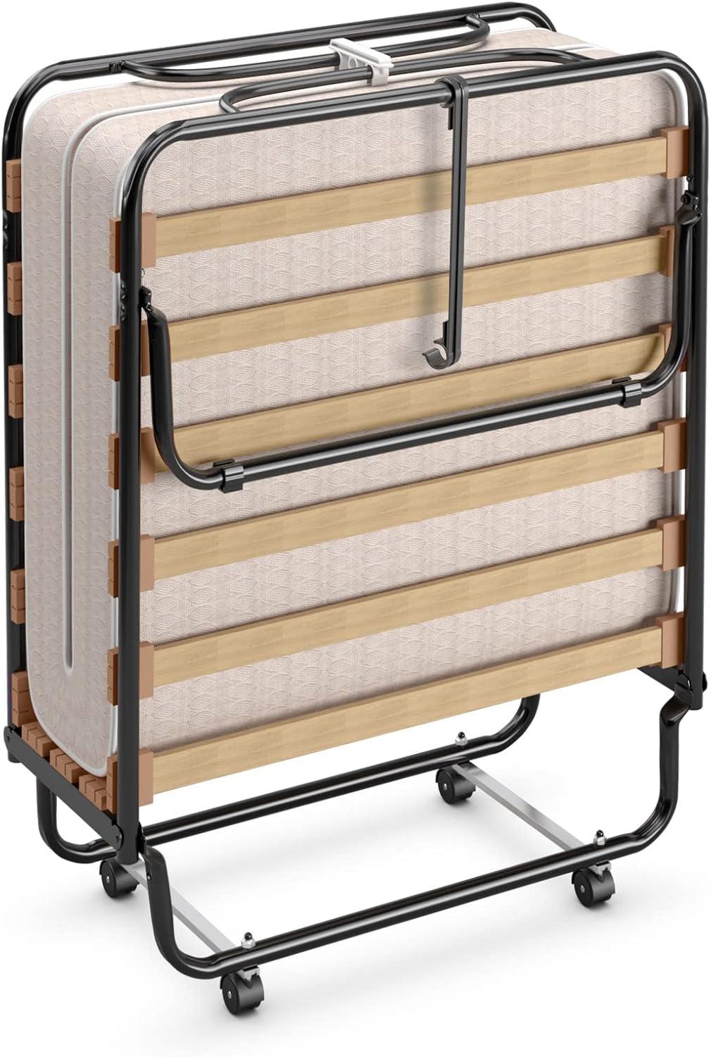 image:imageGiantex Folding Bed with Mattress Rollaway Guest Bed w 4 Inch Memory Foam Mattress Sturdy Metal Frame Portable Bed Cot Size Easy to Store Foldable Beds for Adults Made in ItalyBeige