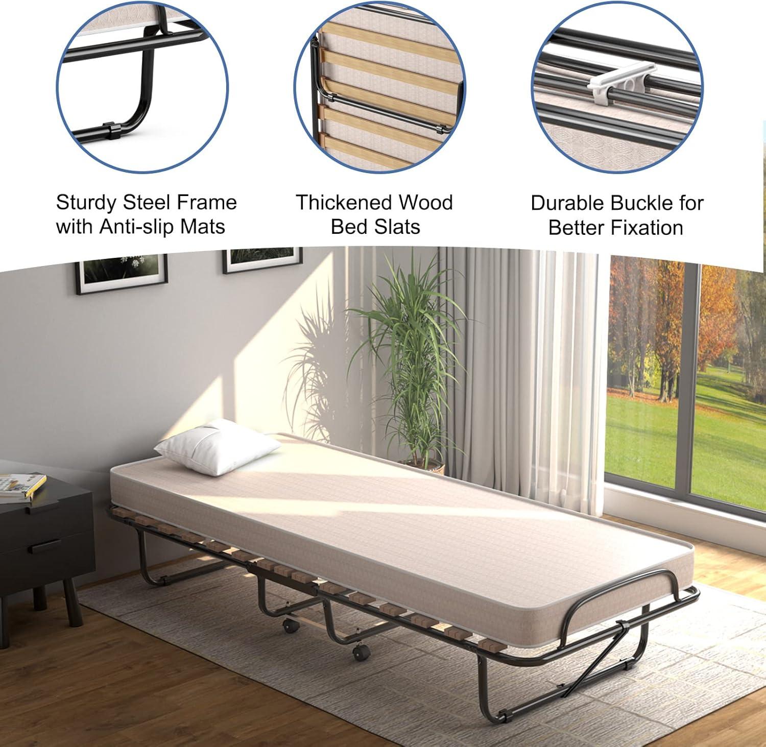 image:imageGiantex Folding Bed with Mattress Rollaway Guest Bed w 4 Inch Memory Foam Mattress Sturdy Metal Frame Portable Bed Cot Size Easy to Store Foldable Beds for Adults Made in ItalyBeige