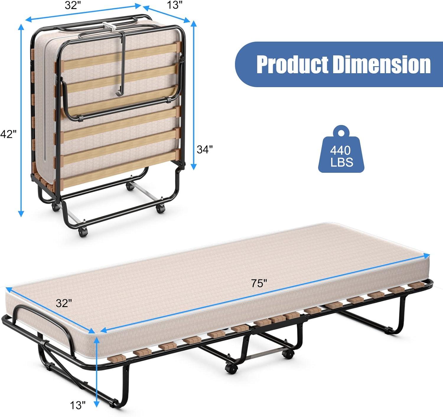 image:imageGiantex Folding Bed with Mattress Rollaway Guest Bed w 4 Inch Memory Foam Mattress Sturdy Metal Frame Portable Bed Cot Size Easy to Store Foldable Beds for Adults Made in ItalyBeige