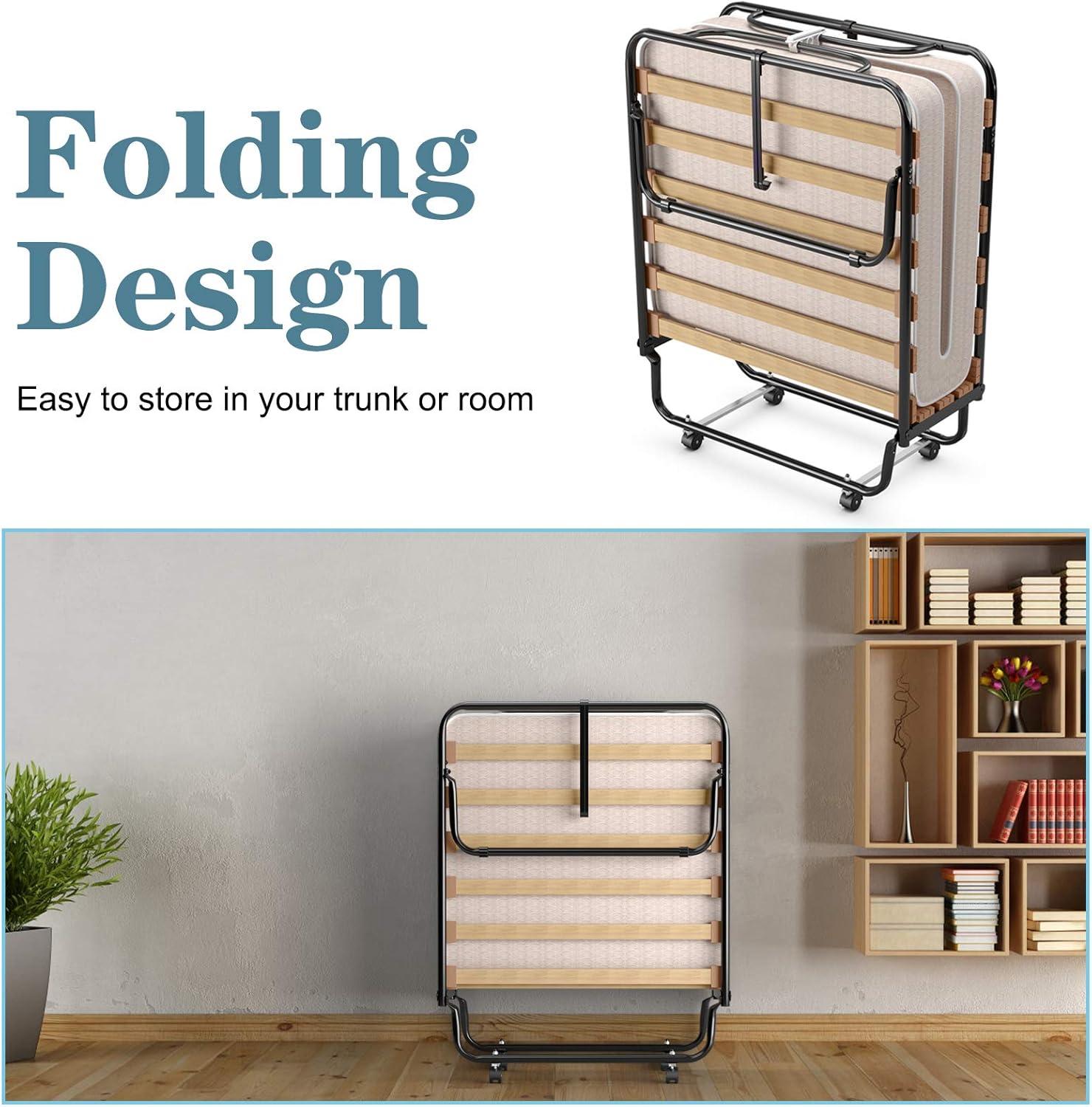 image:imageGiantex Folding Bed with Mattress Rollaway Guest Bed w 4 Inch Memory Foam Mattress Sturdy Metal Frame Portable Bed Cot Size Easy to Store Foldable Beds for Adults Made in ItalyBeige