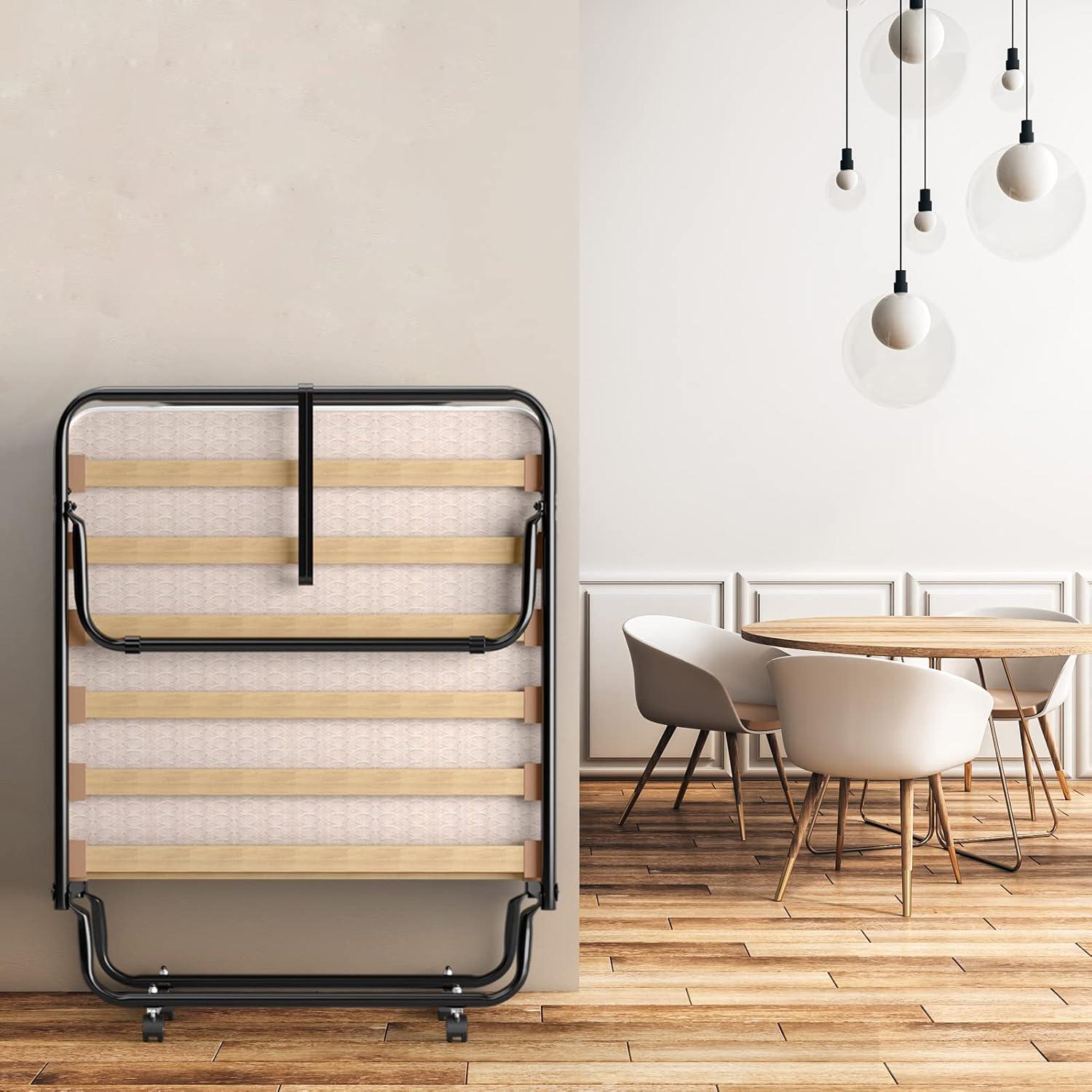 image:imageGiantex Folding Bed with Mattress Rollaway Guest Bed w 4 Inch Memory Foam Mattress Sturdy Metal Frame Portable Bed Cot Size Easy to Store Foldable Beds for Adults Made in ItalyBeige