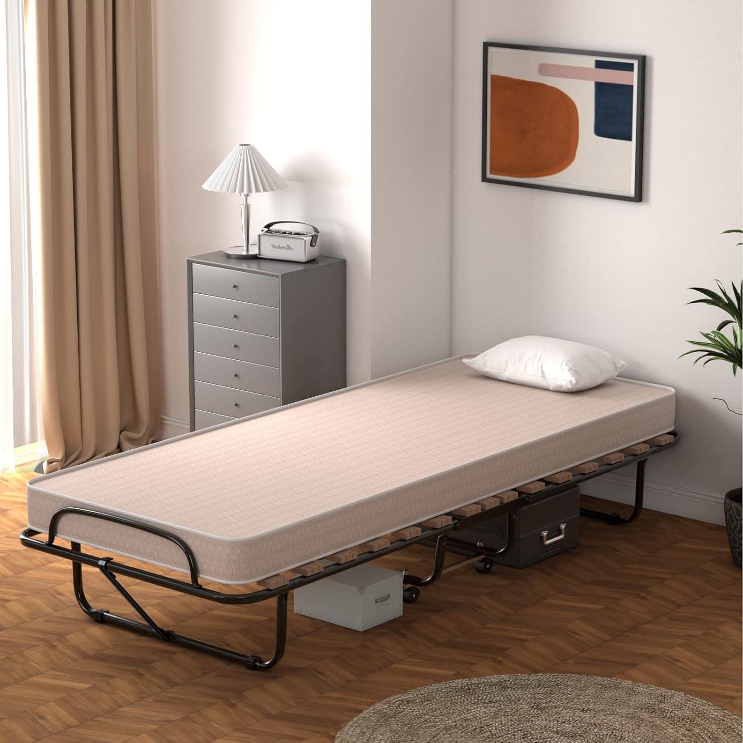 image:imageGiantex Folding Bed with Mattress Rollaway Guest Bed w 4 Inch Memory Foam Mattress Sturdy Metal Frame Portable Bed Cot Size Easy to Store Foldable Beds for Adults Made in ItalyBeige